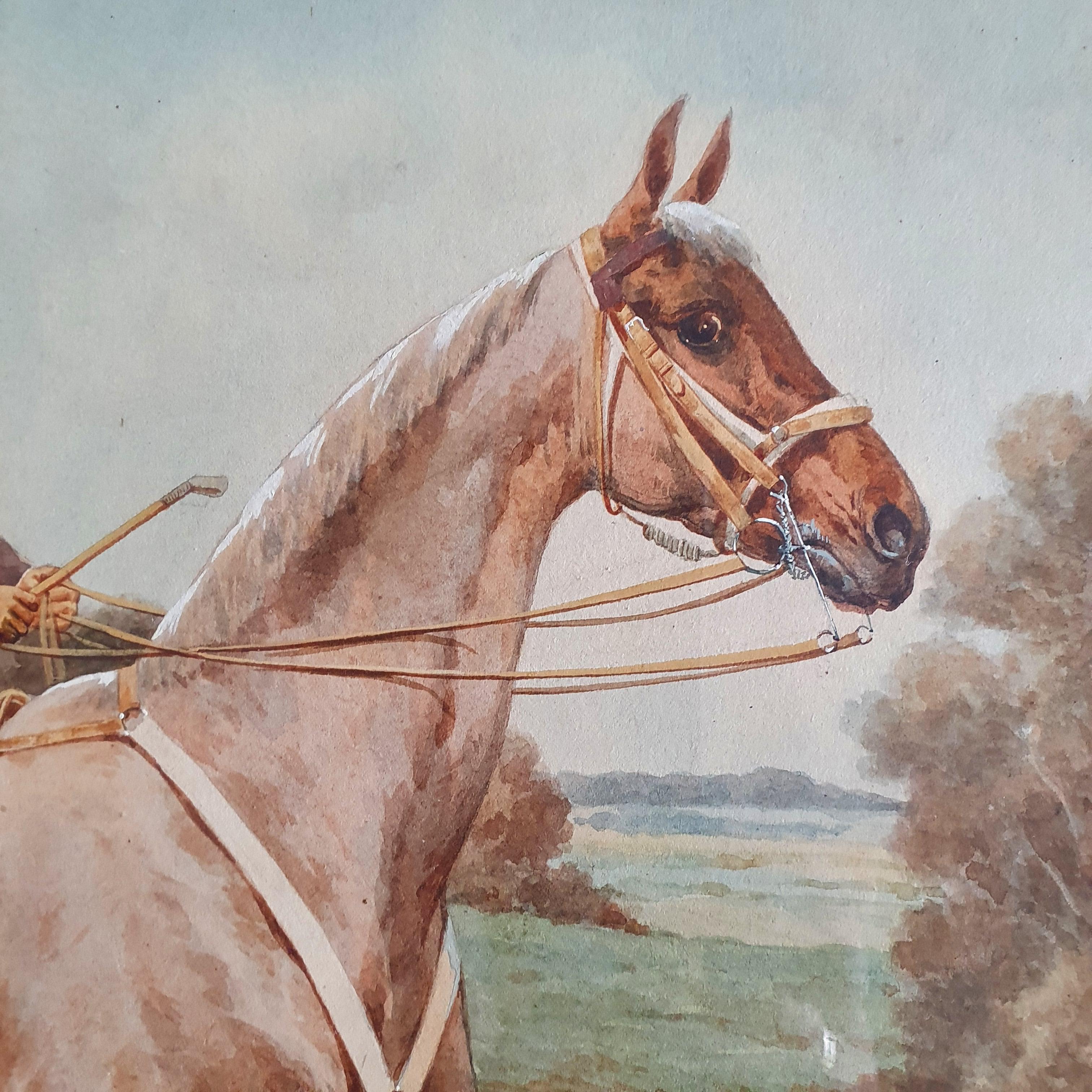 Retrato ecuestre de un adolescente montando a caballo en un paisaje natural. Acuarela sobre papel del conocido pintor de animales francés Charles Ferdinand de Condamy ( 1855-1913). De Condamy fue alumno del artista parisino Félix Joseph Barrias
