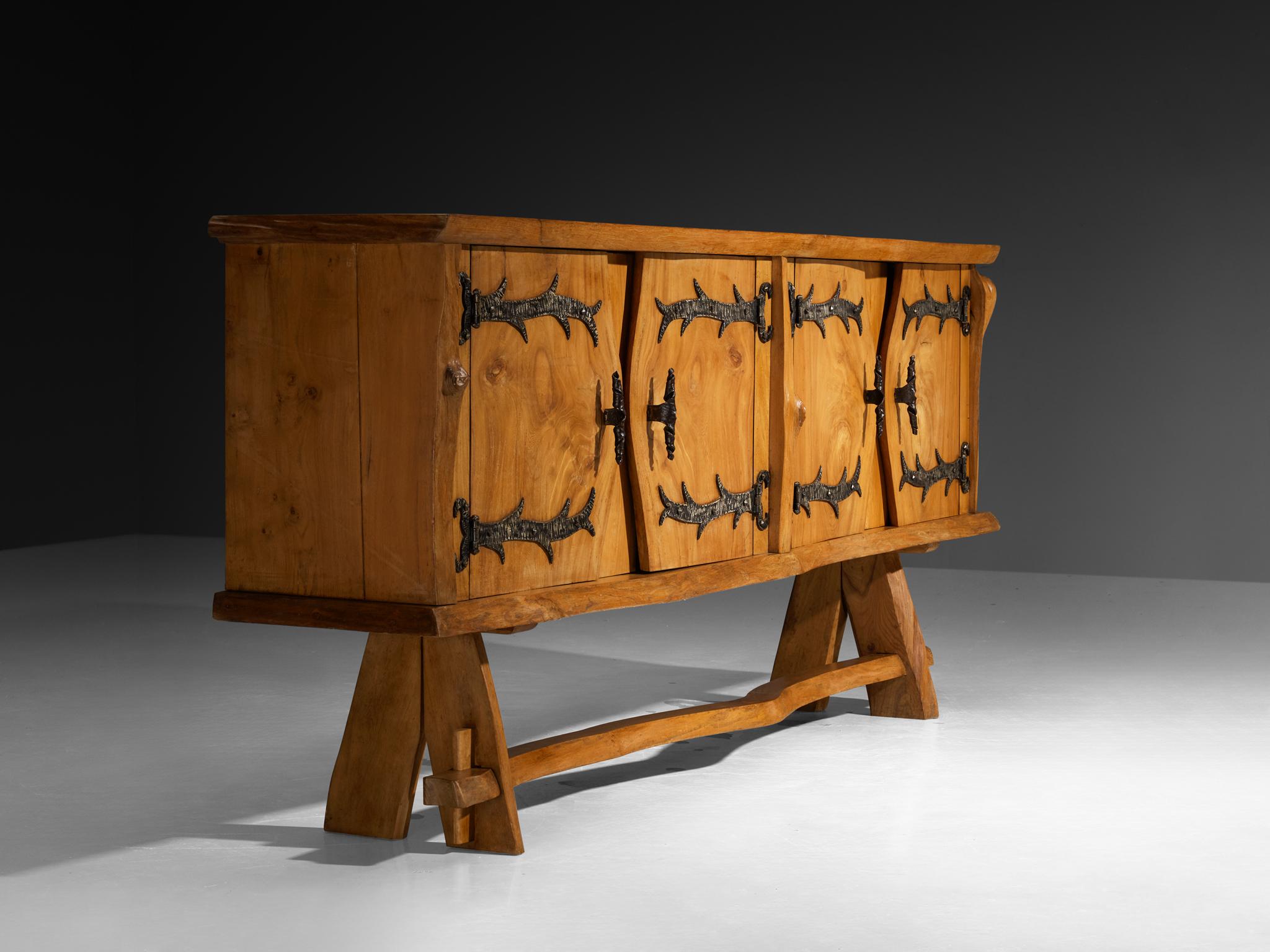 Mid-Century Modern Charles Flandres Sideboard in Solid Elm and Wrought Iron For Sale