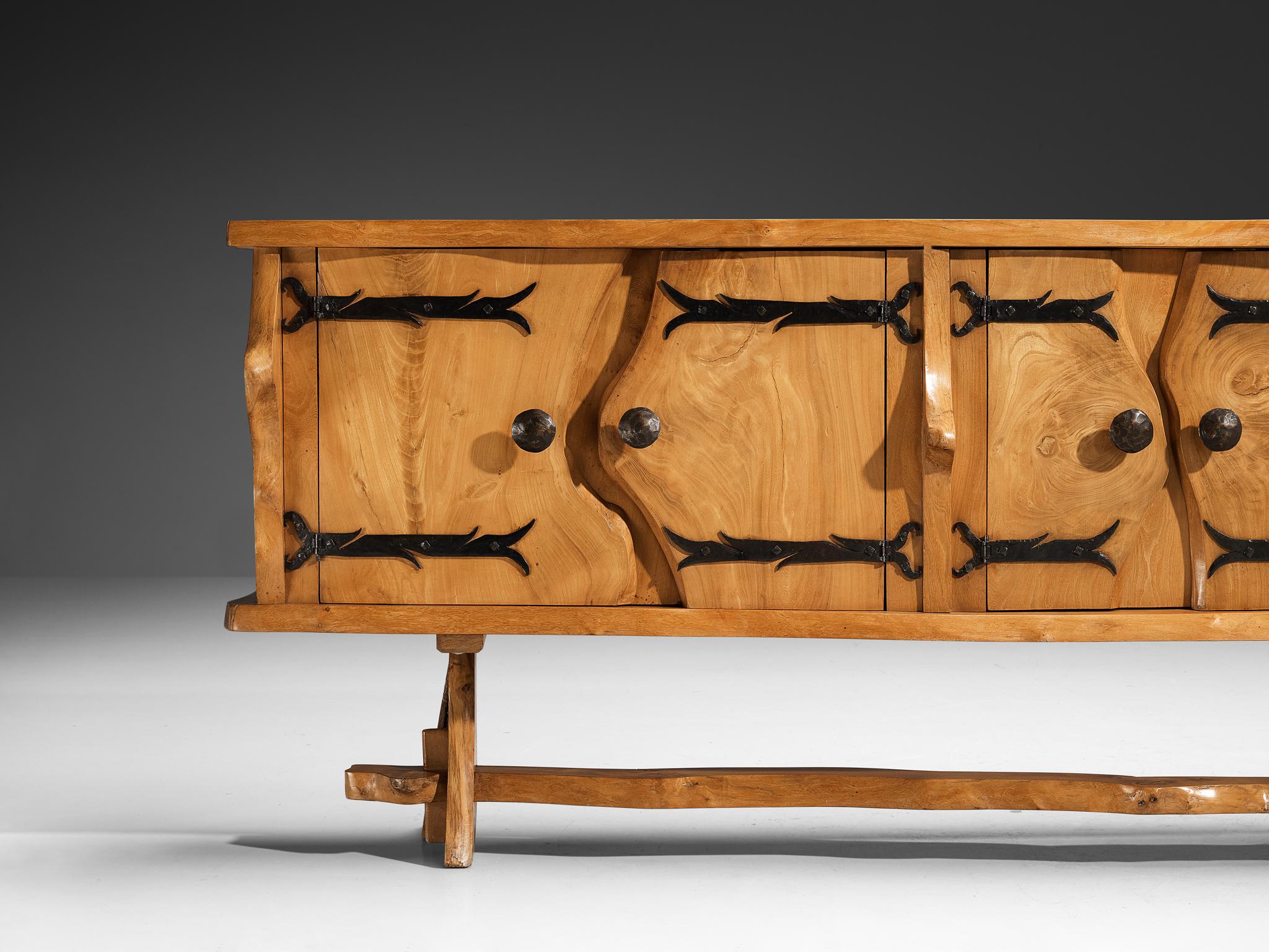 French Charles Flandres Sideboard in Solid Elm and Wrought Iron For Sale