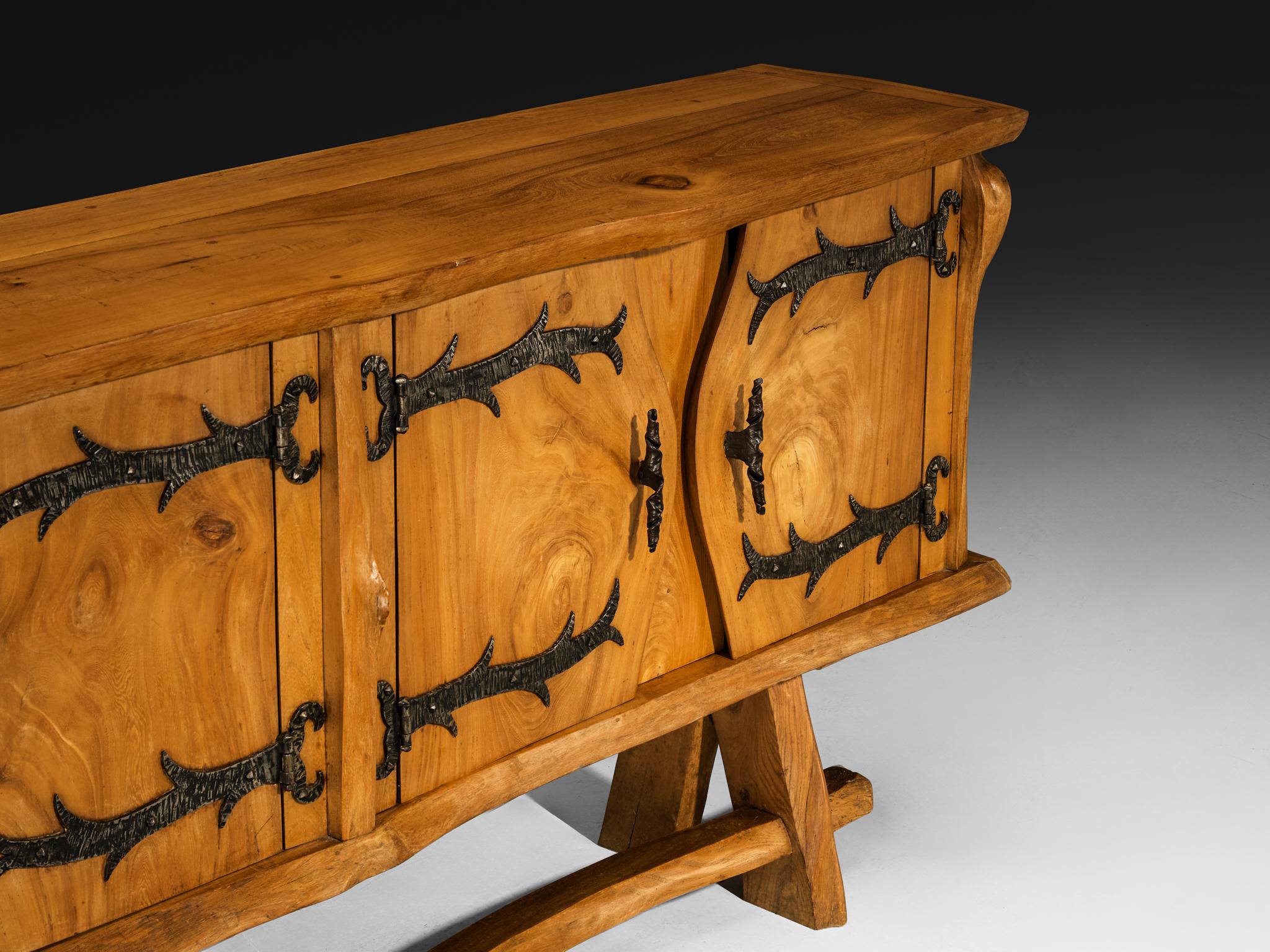 French Charles Flandres Sideboard in Solid Elm and Wrought Iron For Sale