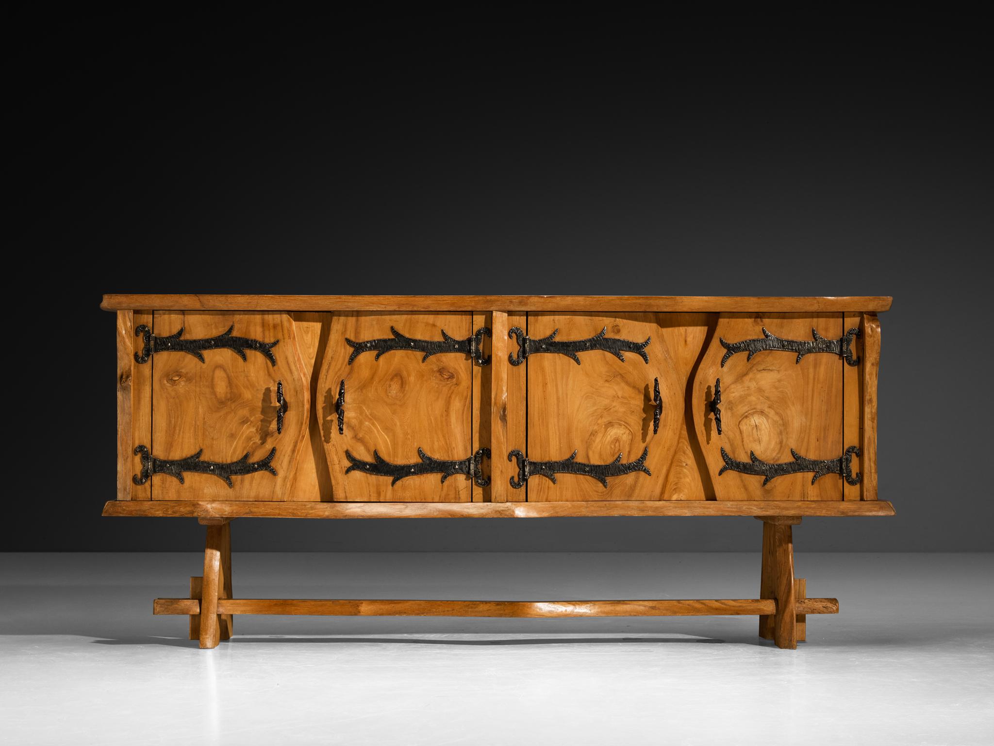 Mid-20th Century Charles Flandres Sideboard in Solid Elm and Wrought Iron For Sale