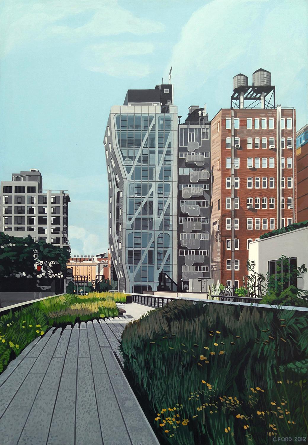 Charles Ford Landscape Painting – ""The Highline at 23rd" New York City,  Acryl auf Masonit