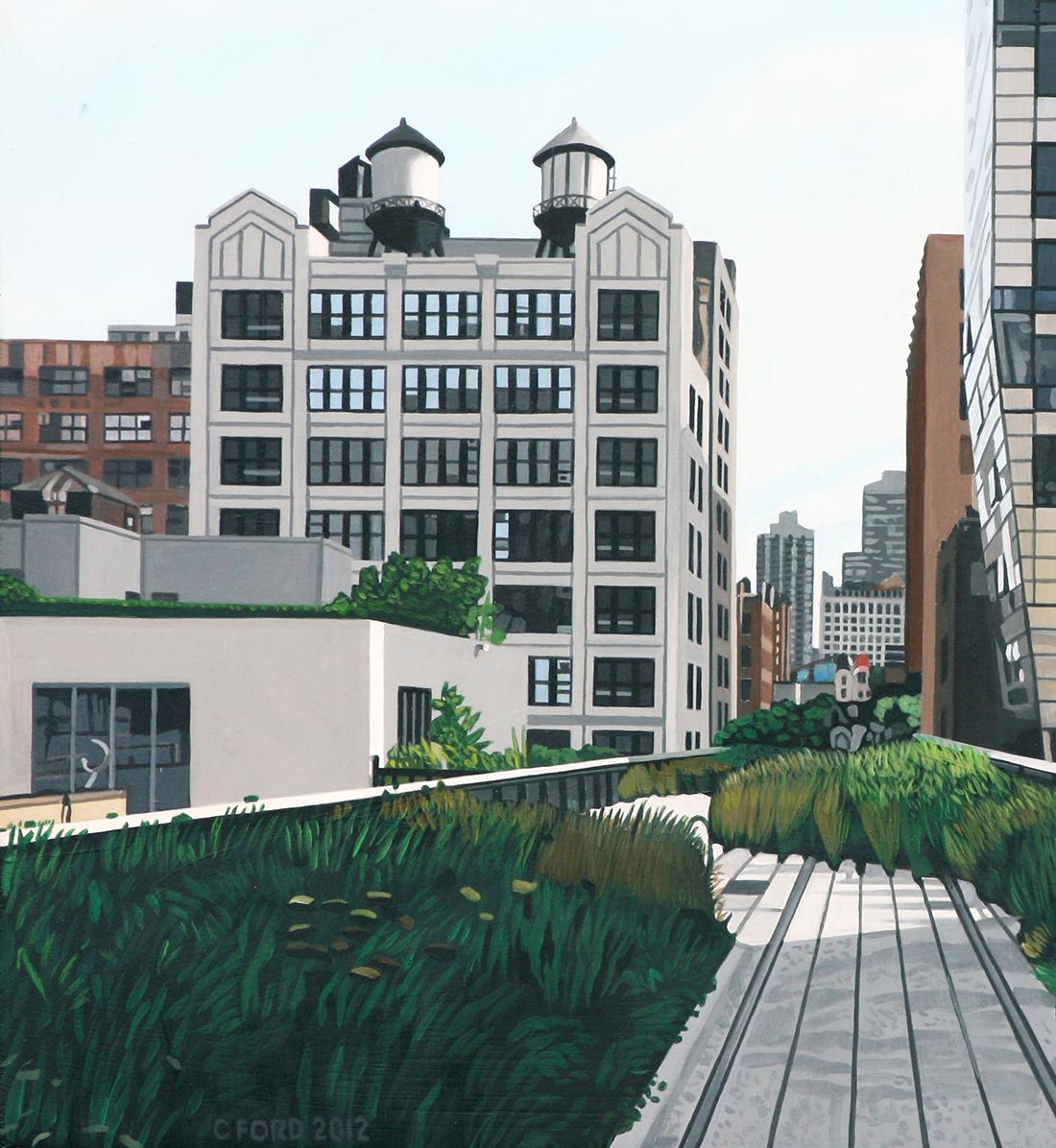 „The Highline-Landschaft 245 10th Ave“ Acryl auf Masonit – Painting von Charles Ford