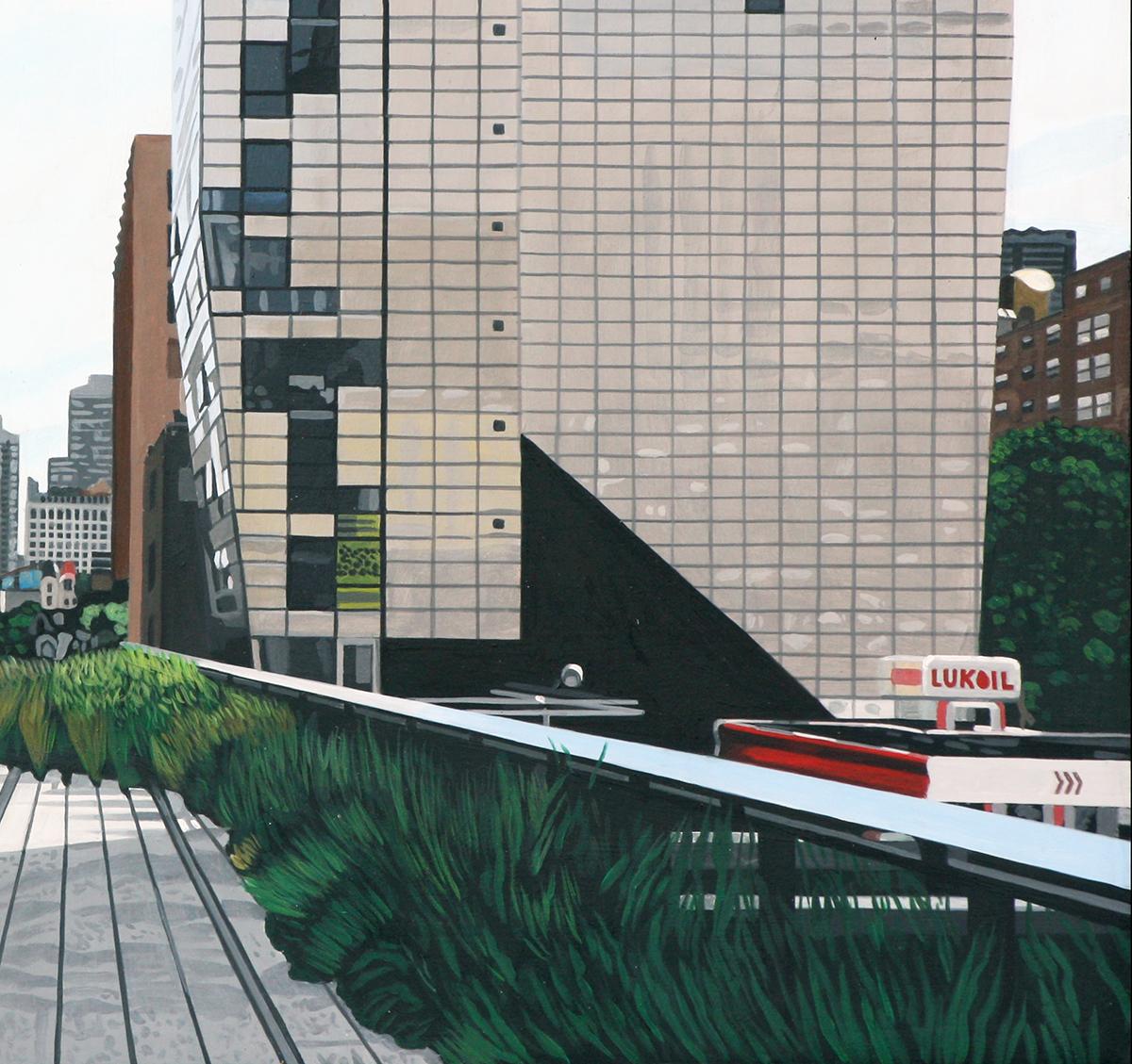 „The Highline-Landschaft 245 10th Ave“ Acryl auf Masonit (Braun), Landscape Painting, von Charles Ford