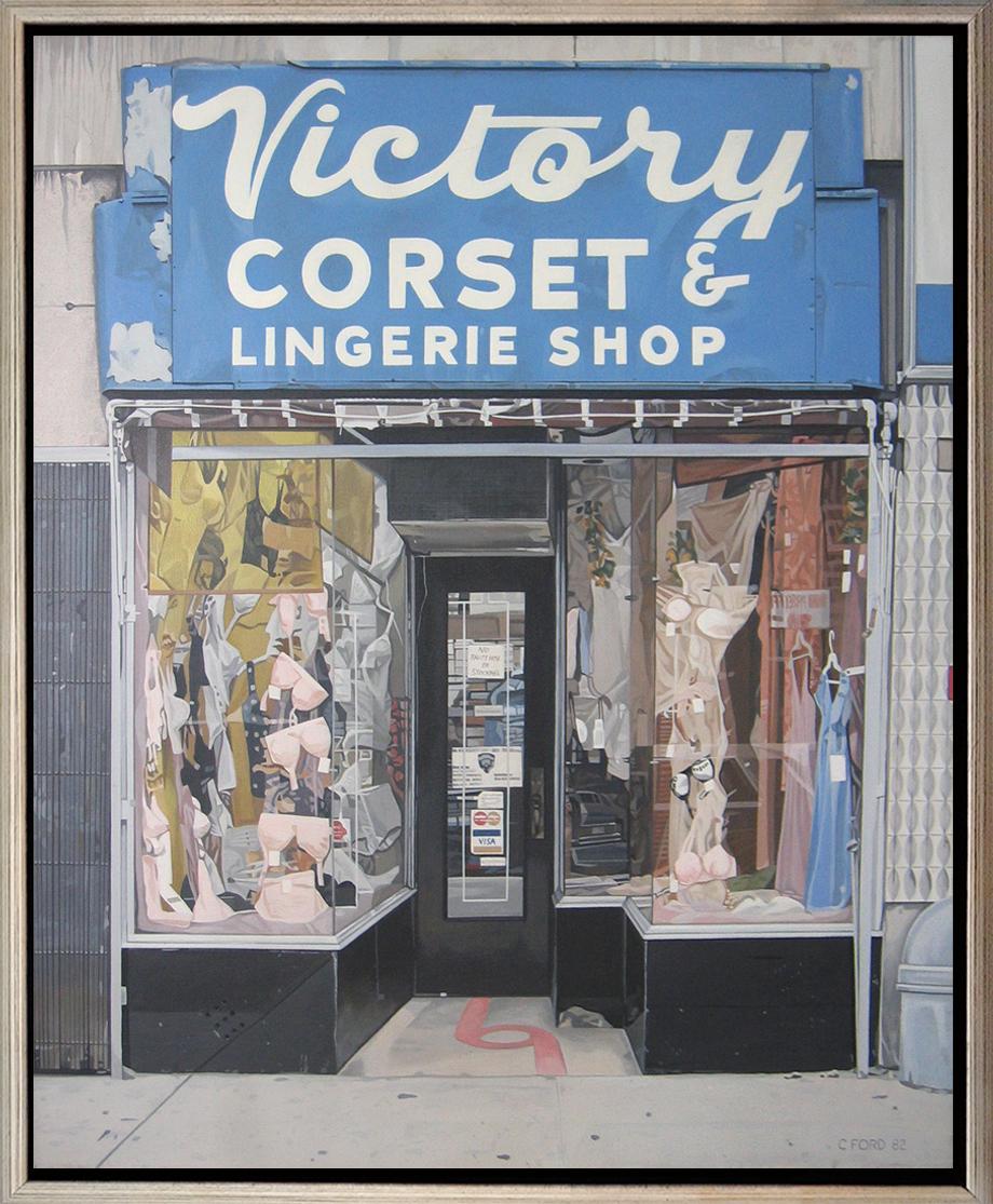 Victory Corset Shop, Acryl auf Leinwand, 36x30 Vintage New York City Bild (Grau), Still-Life Painting, von Charles Ford