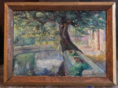 Le Bassin signed antique French Impressionist oil painting