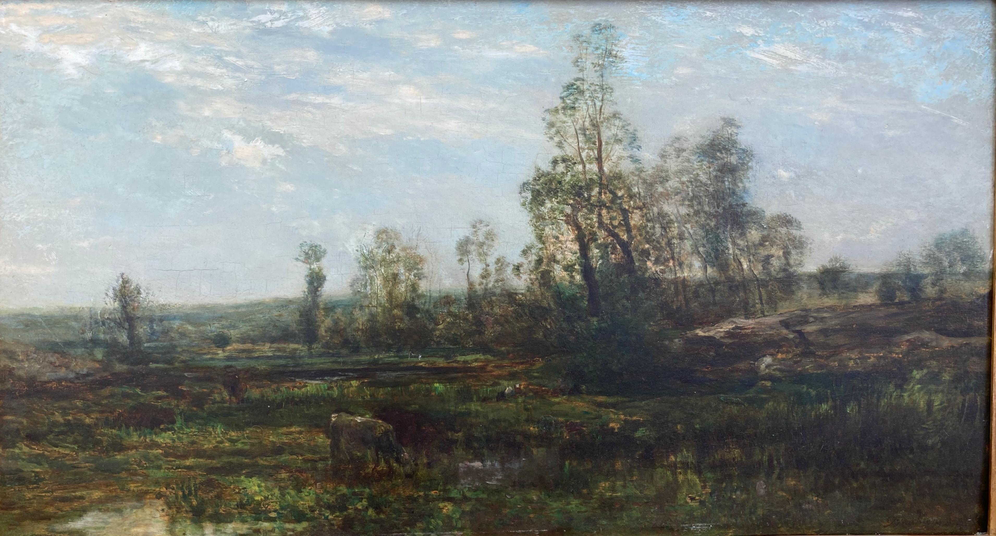 An oil on wood panel in stunningly good condition by renowned Barbizon painter Charles Daubigny. Everything checks out here: the signature, examination under UV light, the age of the wood panel, the fact that it is on a panel in the first place
