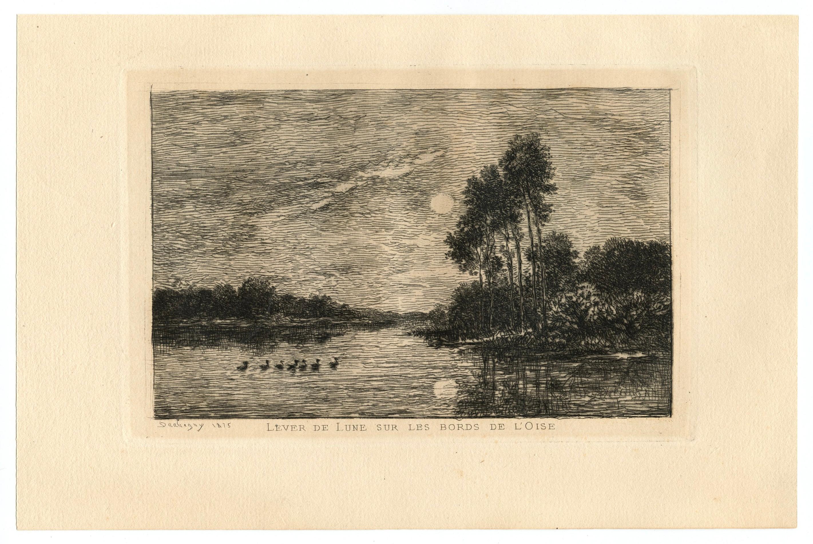Charles-François Daubigny "Lever de lune sur bords de l'Oise" original etching
