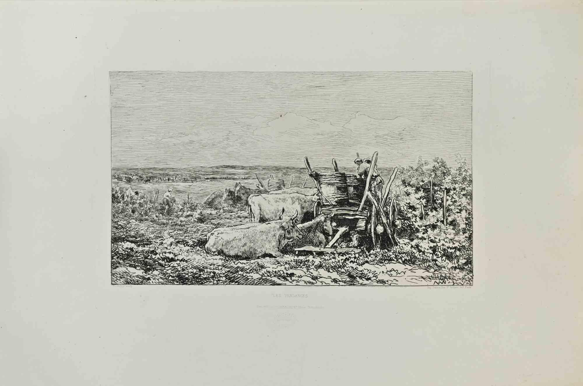 Les Vendagnes is an artwork realized by Charles François Daubigny in the 1870s.

Etching.

Image size:20x33

Good conditions.



Realized for the "Société des Aquafortistes. Born on the initiative of the publisher Alfred Cadart, the Société des