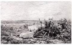 Paisaje del siglo XIX grabado campo de labranza figuras en blanco y negro escena pastoril