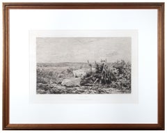 Gravure à l'eau-forte de paysage du 19e siècle champ de ferme personnages en noir et blanc scène pastorale