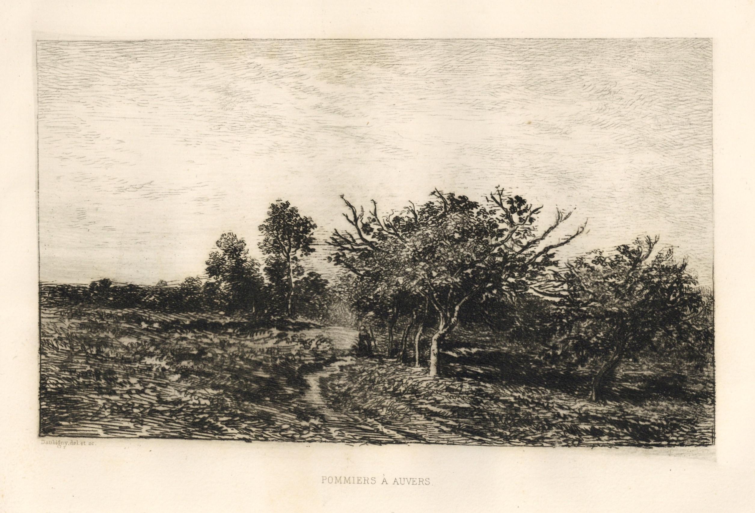 "Pommiers a Auvers" original etching - Print by Charles François Daubigny