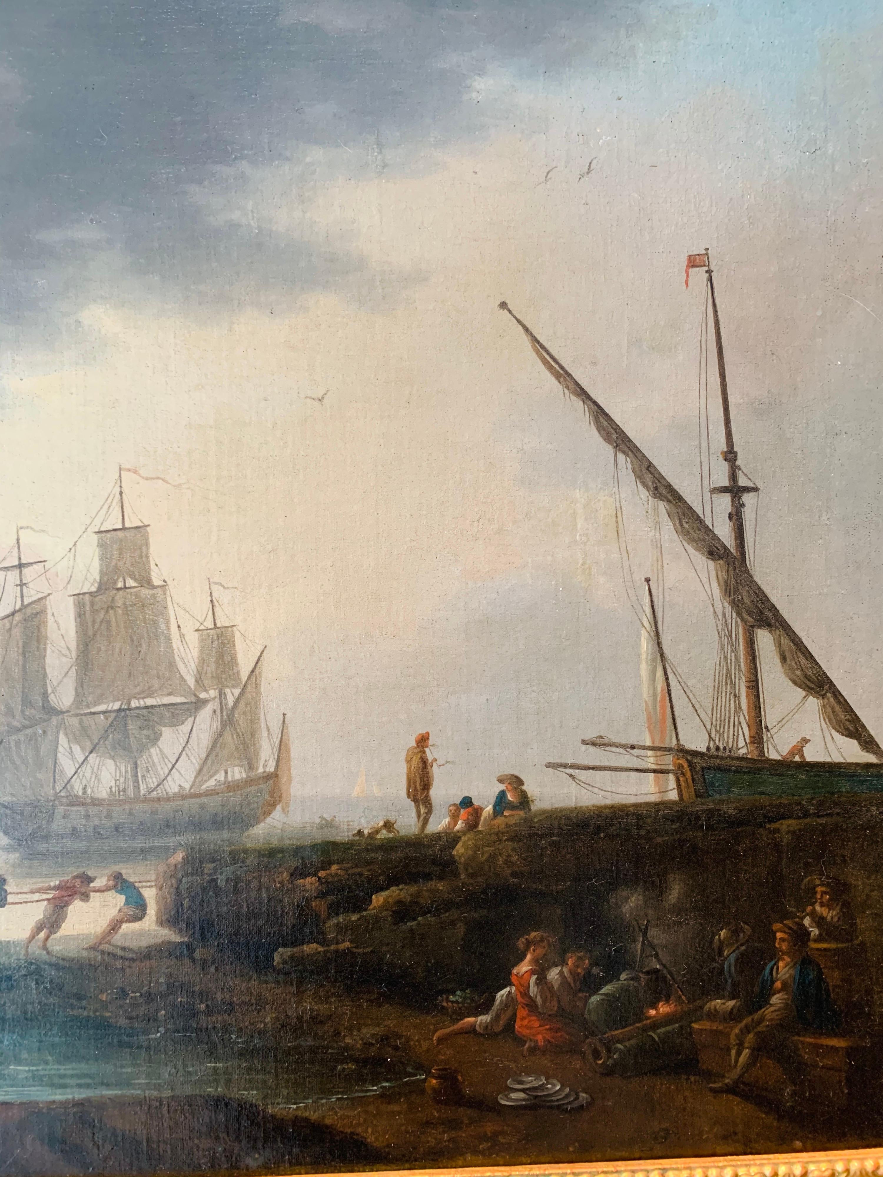 Large 18th century French painting depicting a Mediterranean harbour scene

This magnificent painting beautifully captures a sunset over the Mediterranean. The sunset is the focal point of the composition and dares you into the painting. However,