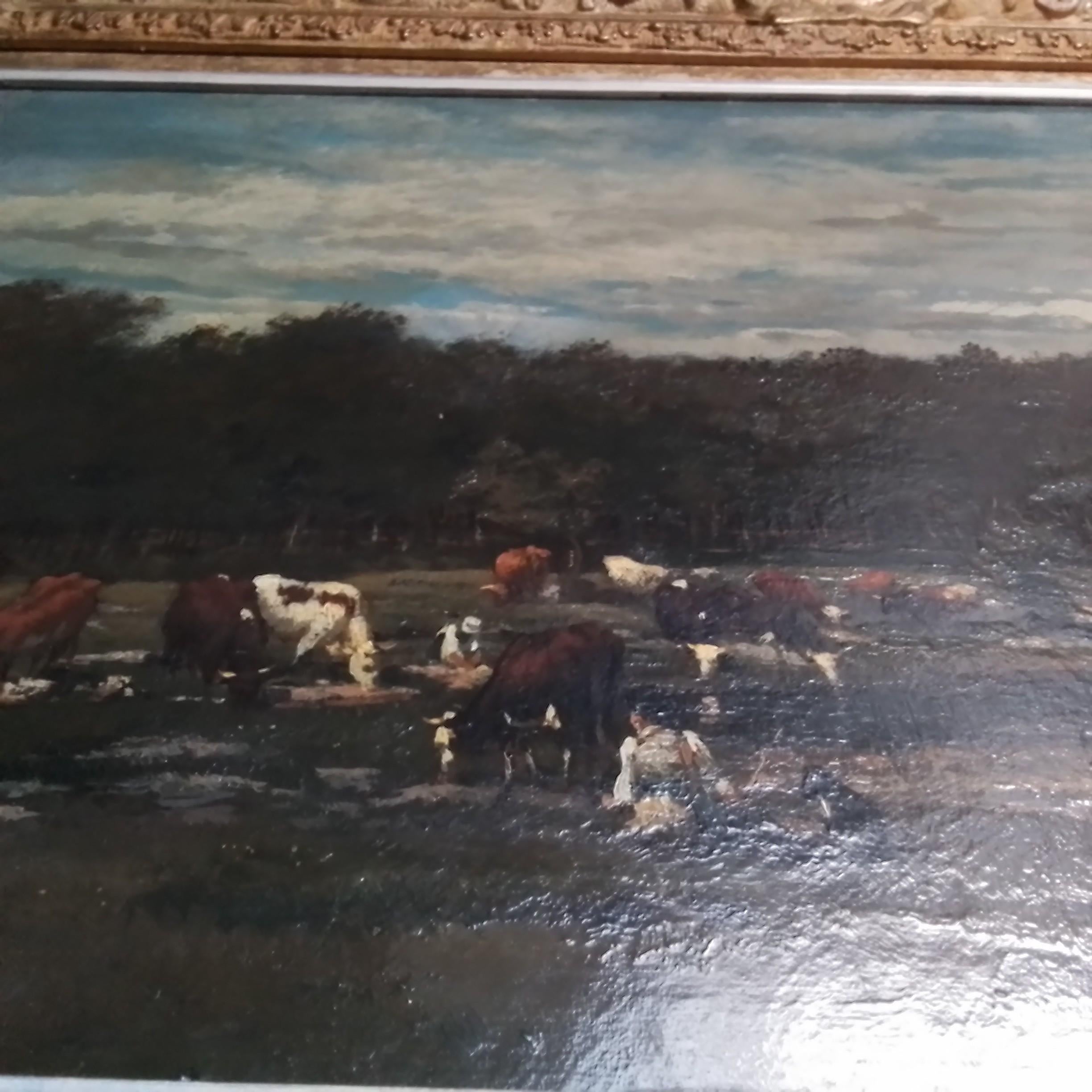 Les lavandières au milieu des vaches - Painting de Charles François Daubigny 