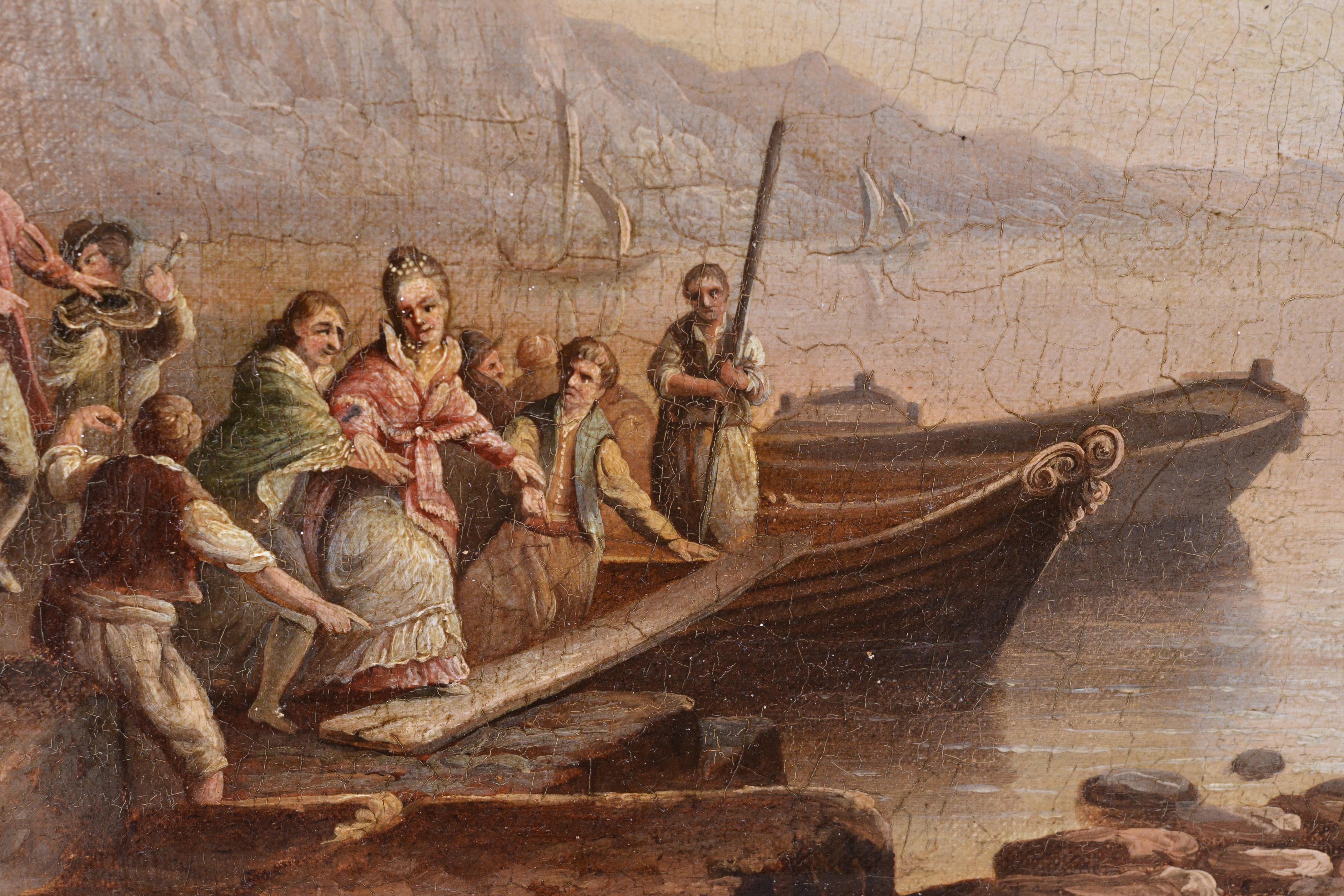 Navire quittant la baie au lever du soleil Paysage marin français 18e siècle Peinture à l'huile rococo en vente 2