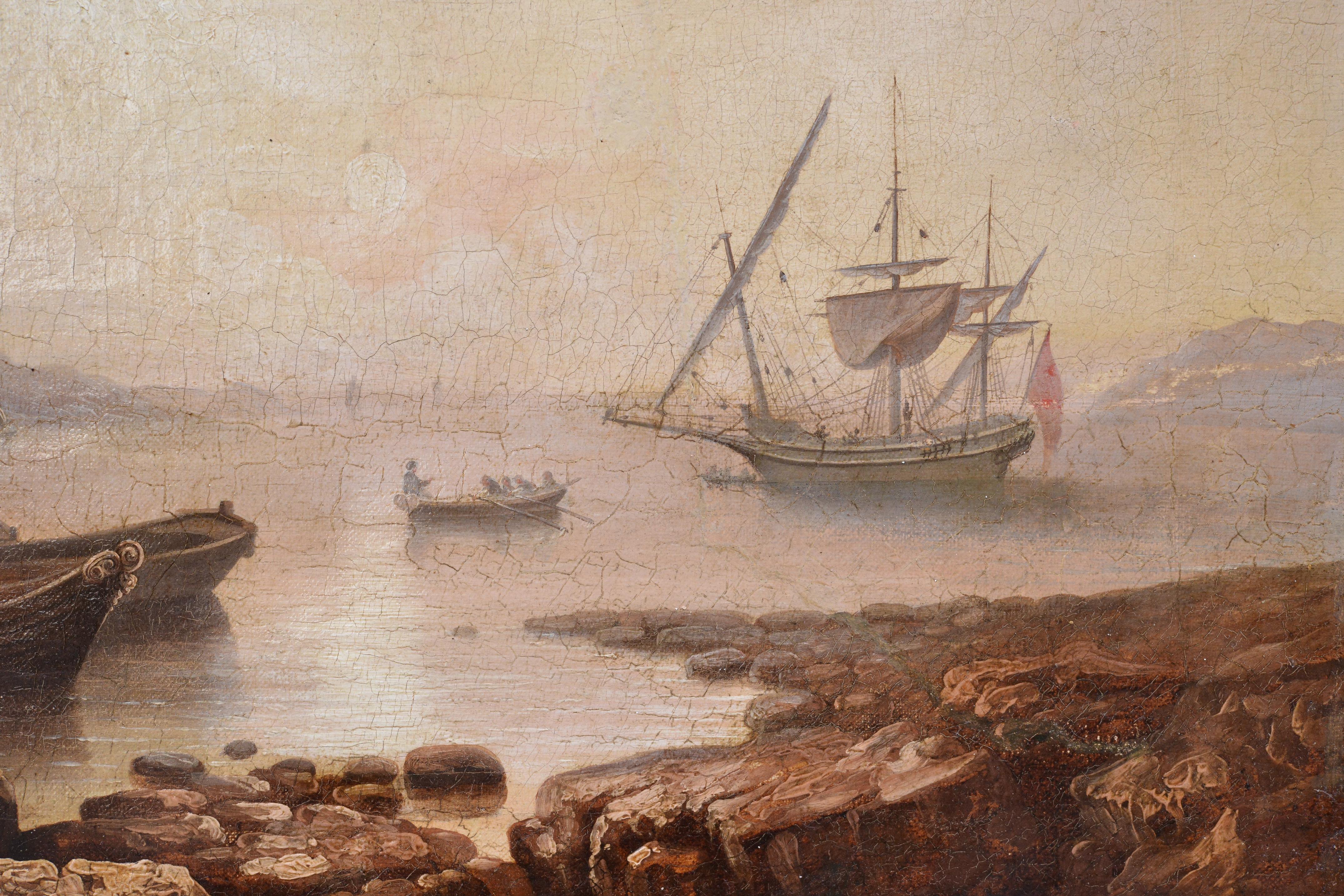 Navire quittant la baie au lever du soleil Paysage marin français 18e siècle Peinture à l'huile rococo en vente 3