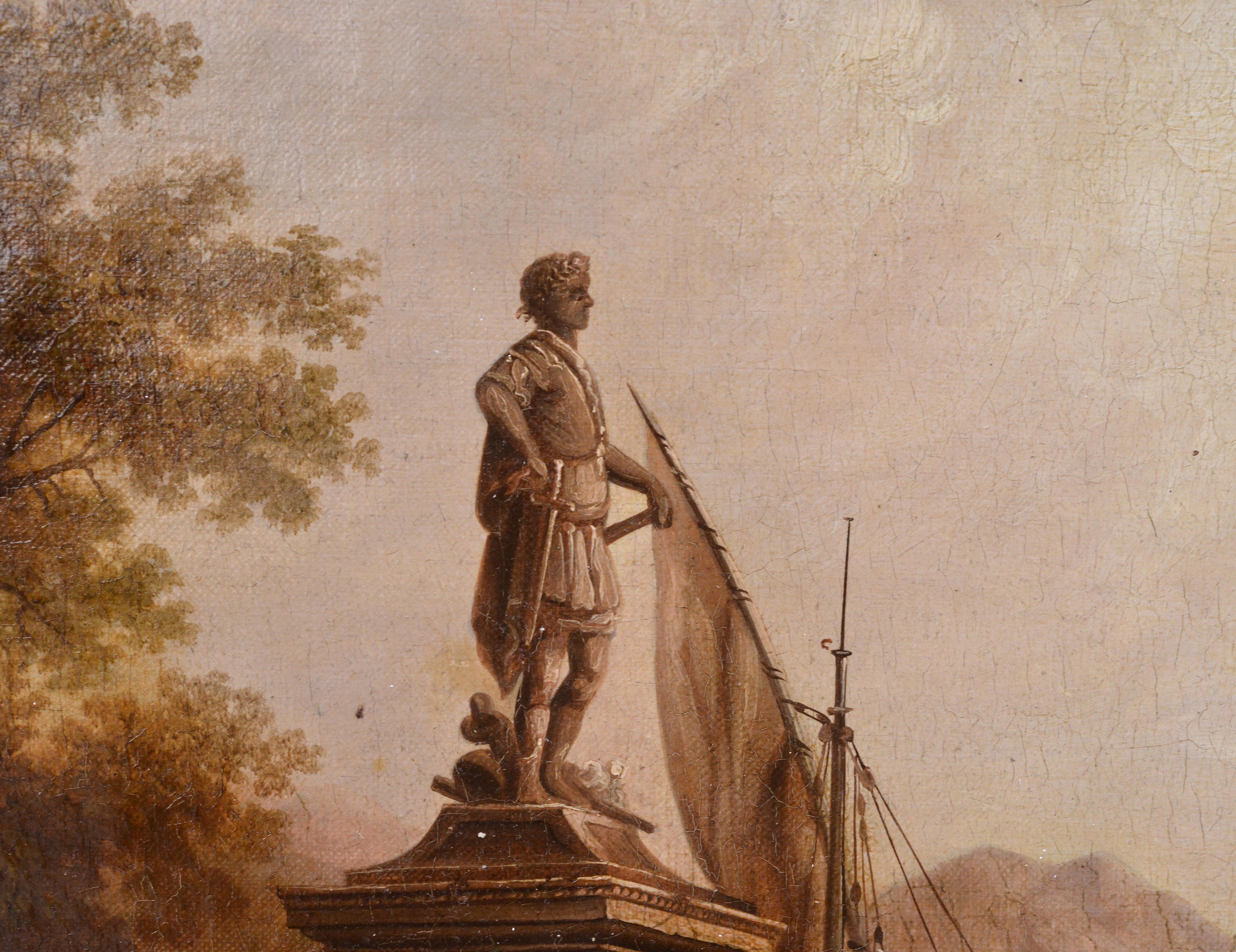 Navire quittant la baie au lever du soleil Paysage marin français 18e siècle Peinture à l'huile rococo en vente 4