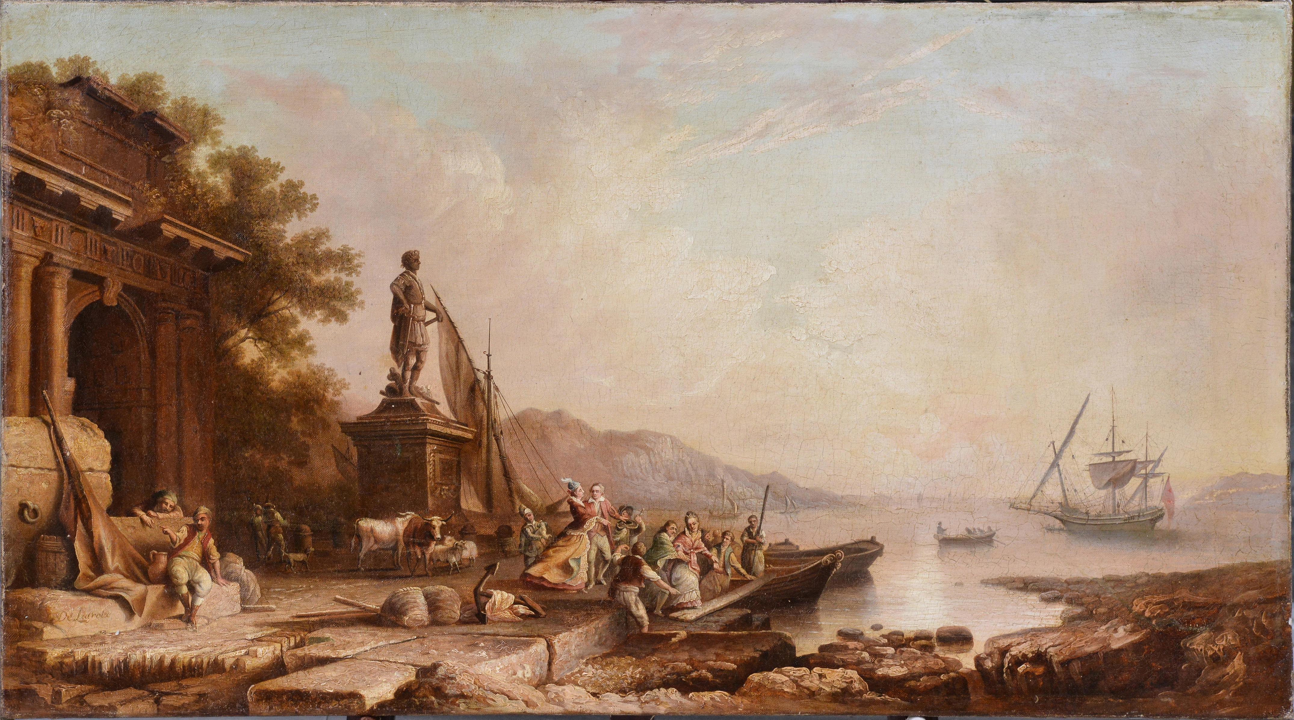 Navire quittant la baie au lever du soleil Paysage marin français 18e siècle Peinture à l'huile rococo