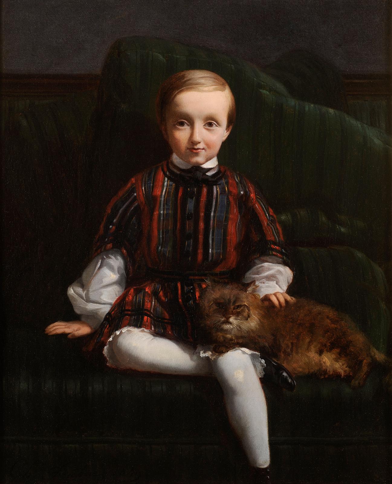 Charles Fréchou - Kinderporträt mit einer Katze im Angebot 1