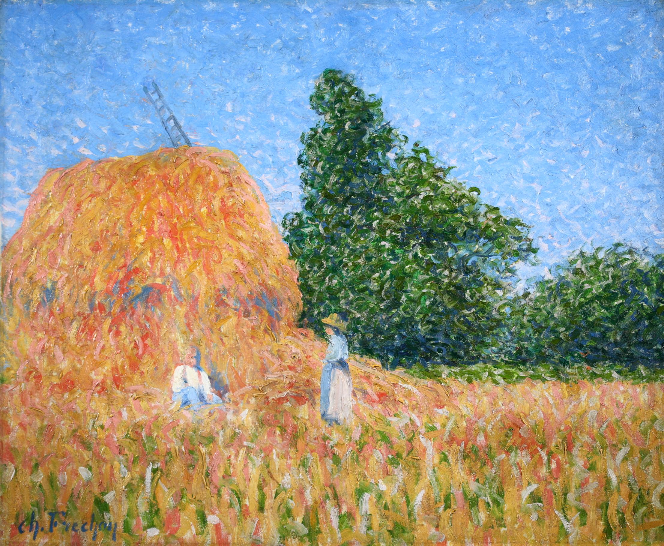 Signed figures in landscape oil on canvas by French post impressionist painter Charles Frechon. The work depicts two woman harvesting a field on a sunny summer's day. One woman is resting against a hay bale.

Signature:
Signed lower