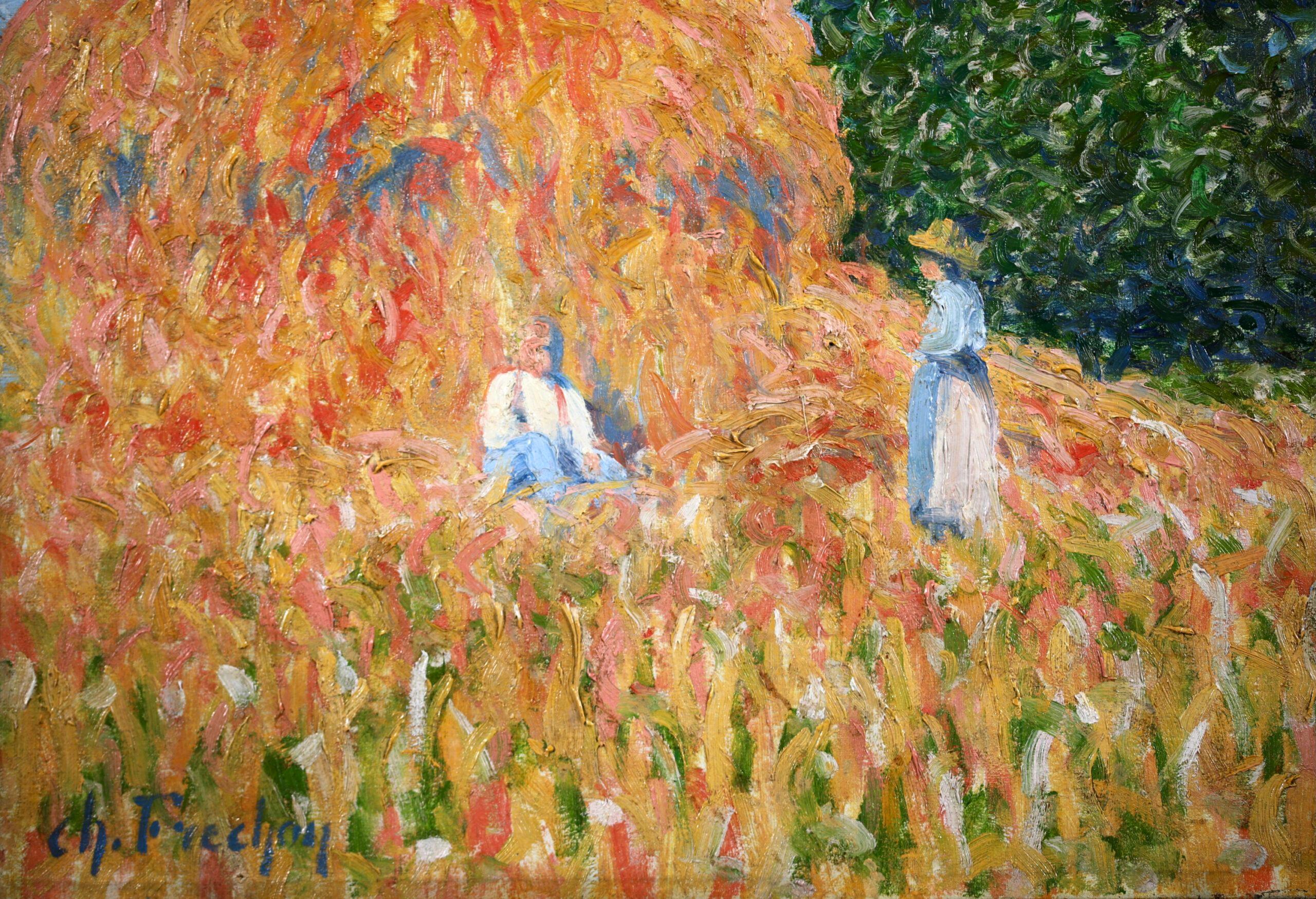 The Harvesters - Post Impressionist Figures in Landscape Oil by Charles Frechon For Sale 6
