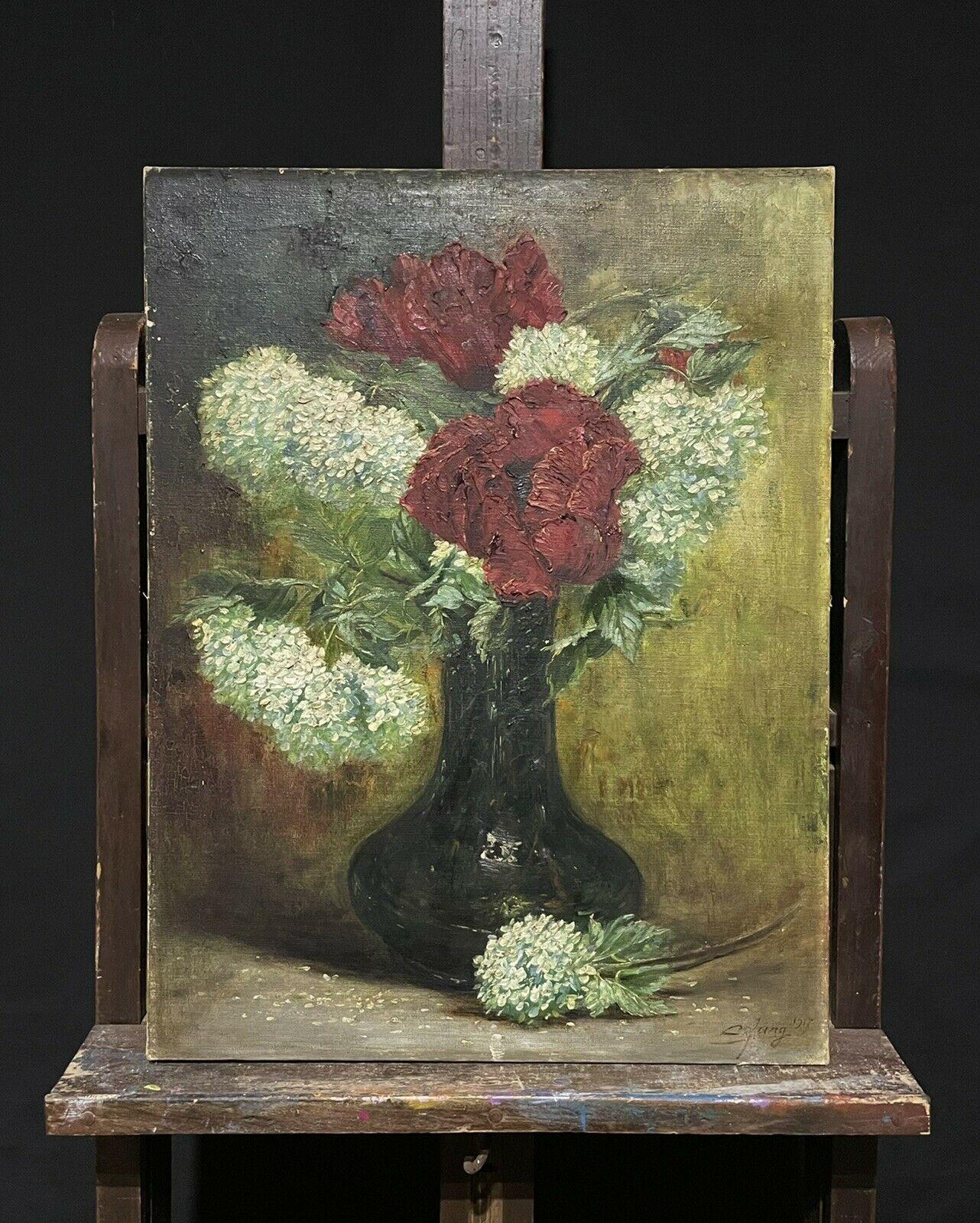 1920's French Impressionist Still Life White & Red Flowers in Vase oil on canvas - Painting by Charles Frédéric Jung (1865-1936