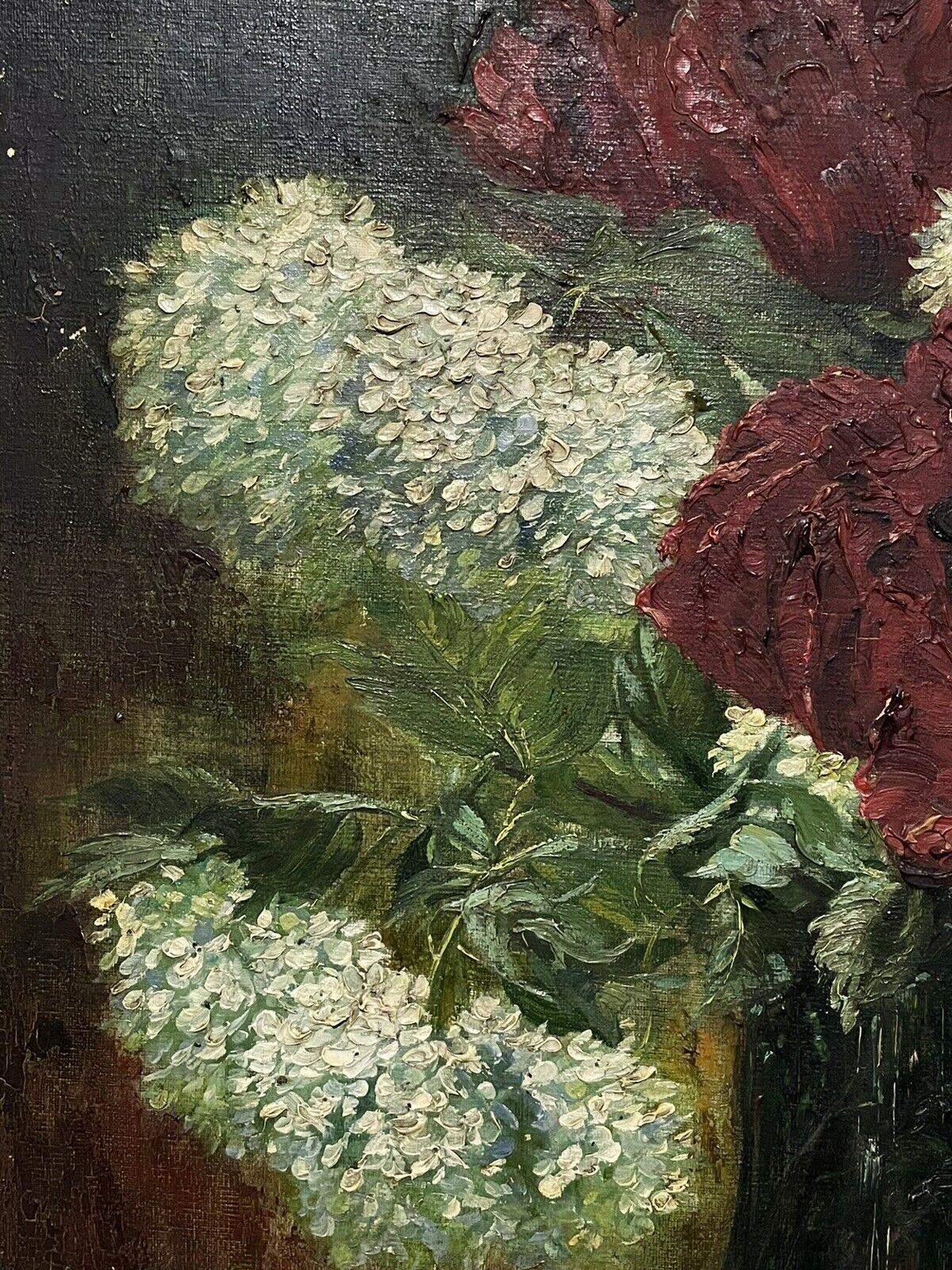 1920's French Impressionist Still Life White & Red Flowers in Vase oil on canvas - Brown Interior Painting by Charles Frédéric Jung (1865-1936