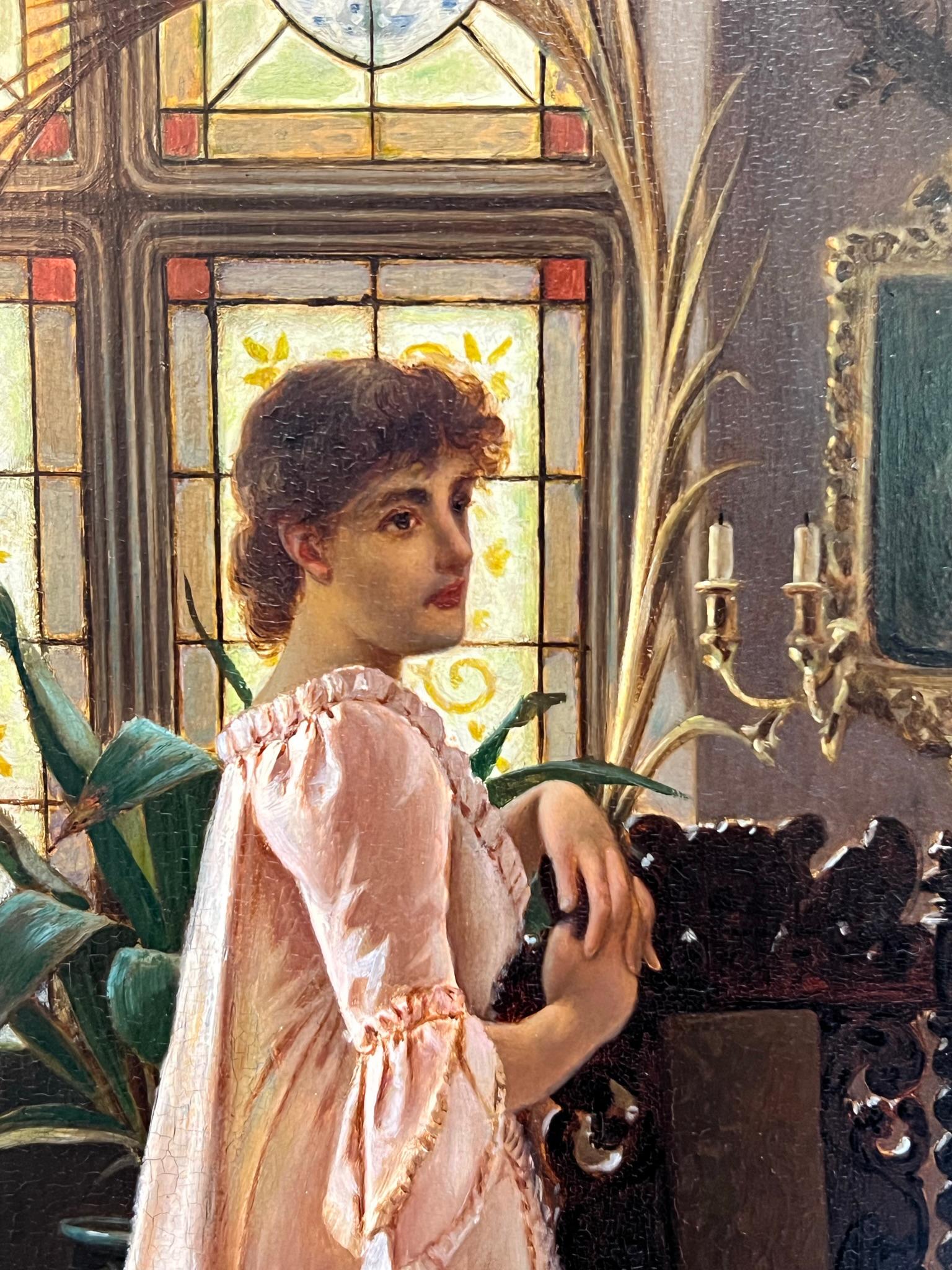 ANTIQUE Pre-Raphaelite Portrait Affluent Woman Buntglasfenster – Painting von Charles Frederick Lowcock