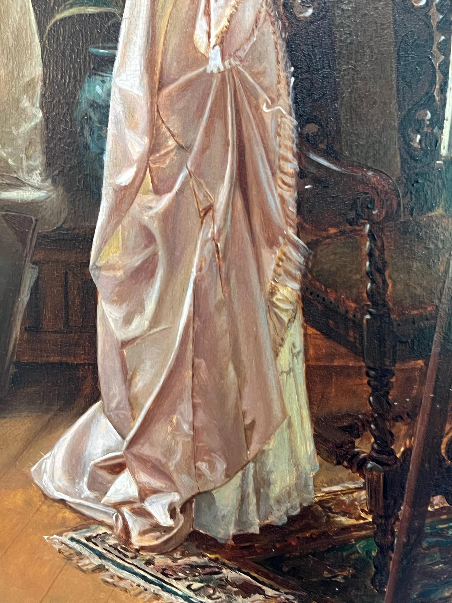 ANTIquités - Portrait préraphaélite - fenêtres de vitrail d'une femme aisée - Préraphaélite Painting par Charles Frederick Lowcock
