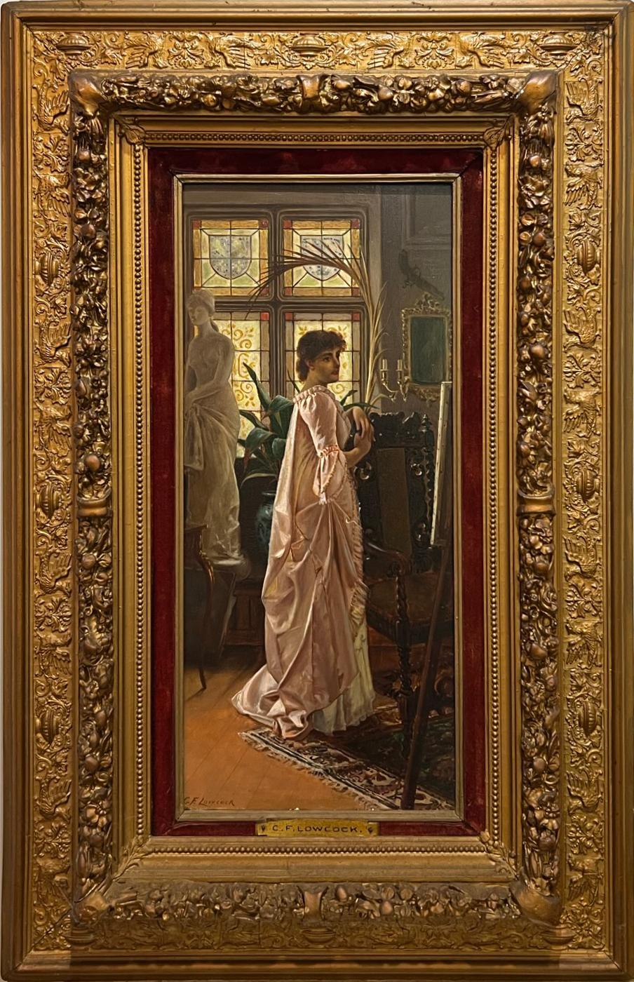 Portrait Painting Charles Frederick Lowcock - ANTIquités - Portrait préraphaélite - fenêtres de vitrail d'une femme aisée