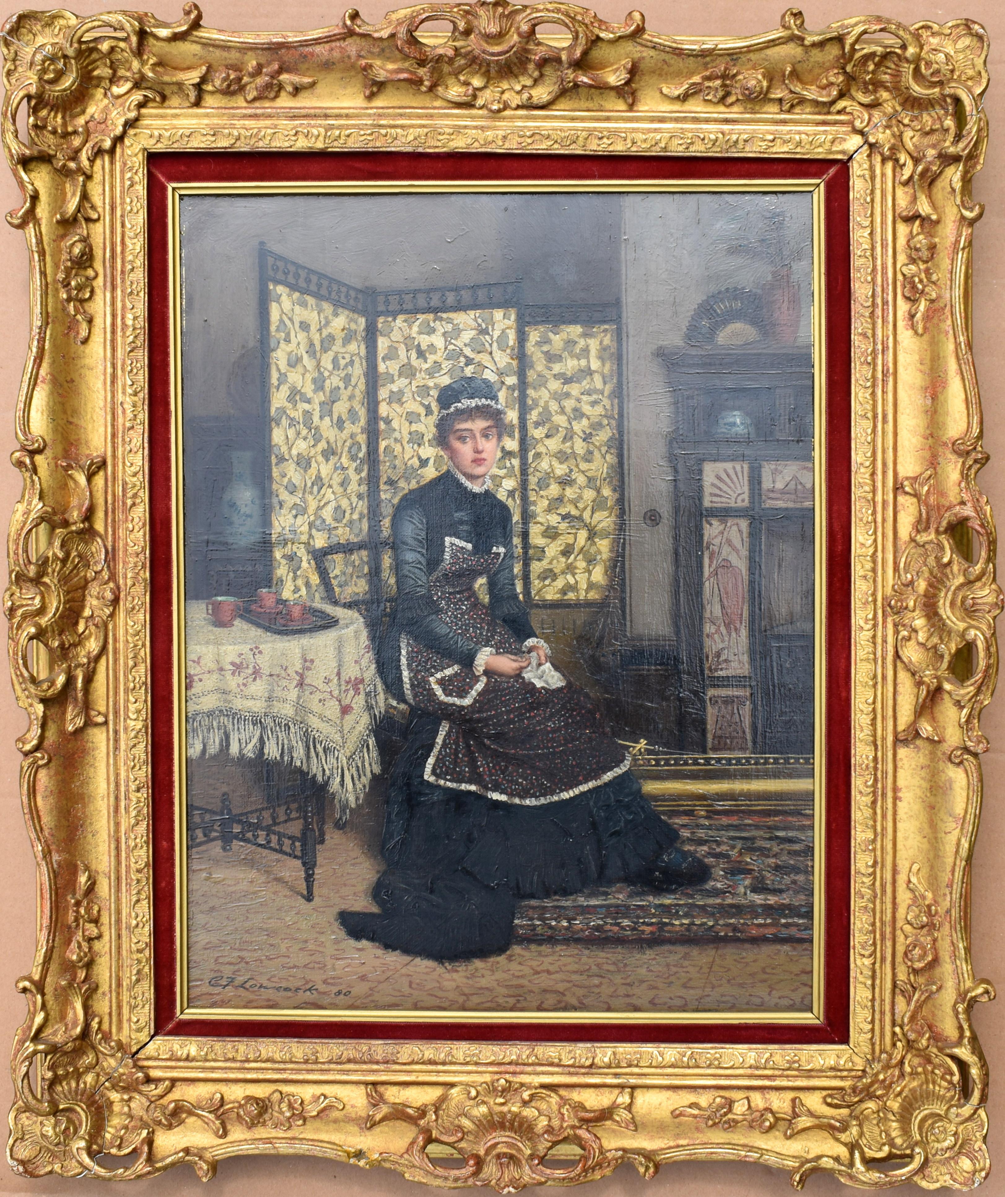 Charles Frederick Lowcock (1844-1925)
Un affascinante dipinto di una giovane donna alla moda impegnata in attività domestiche. La maggior parte dei dipinti di Lowcock aveva un titolo e questo potrebbe essere un'opera intitolata "Quiet reflection",