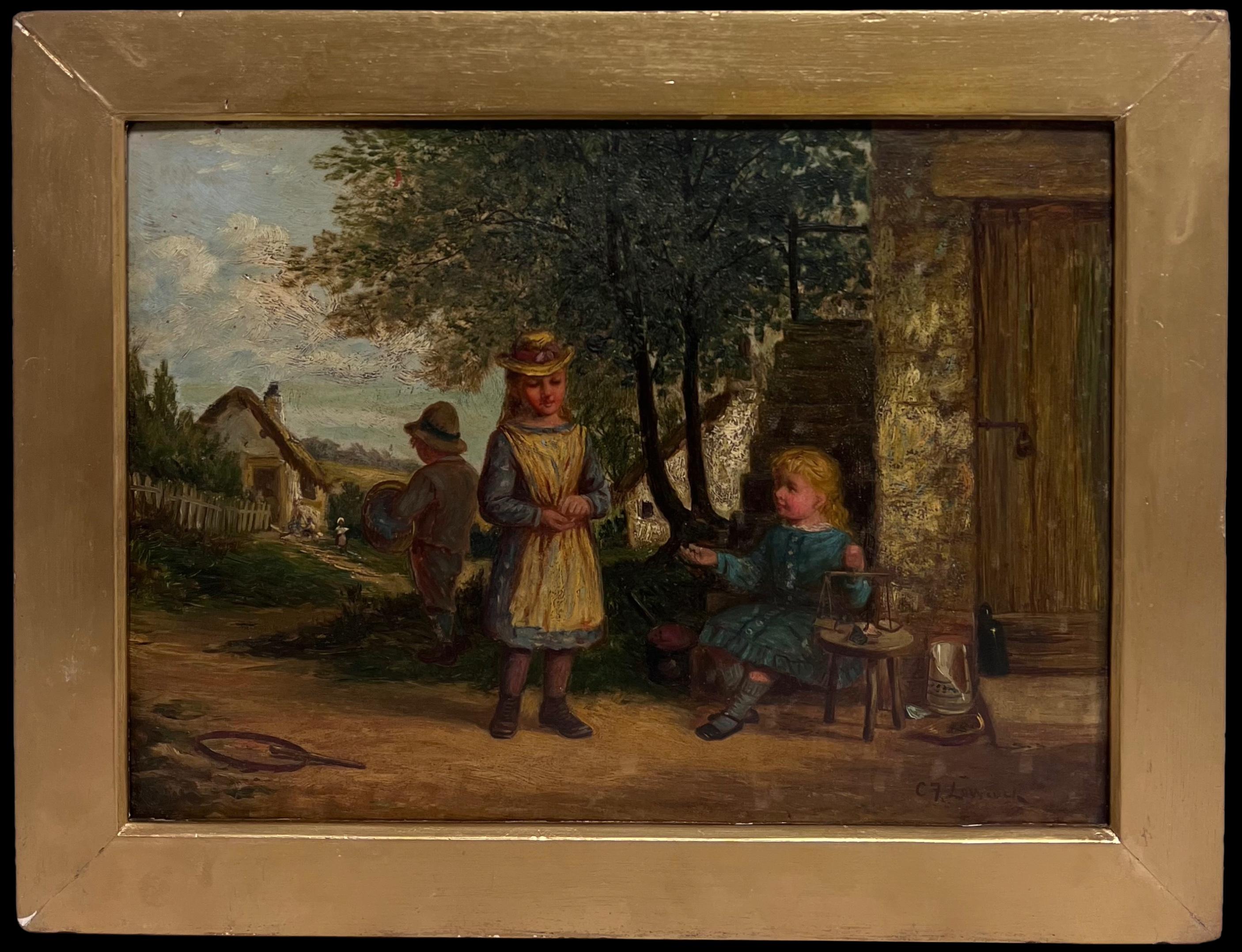 Signiert viktorianischen britischen Ölgemälde Kinder spielen ländlichen Dorf Landhaus – Painting von Charles Frederick Lowcock
