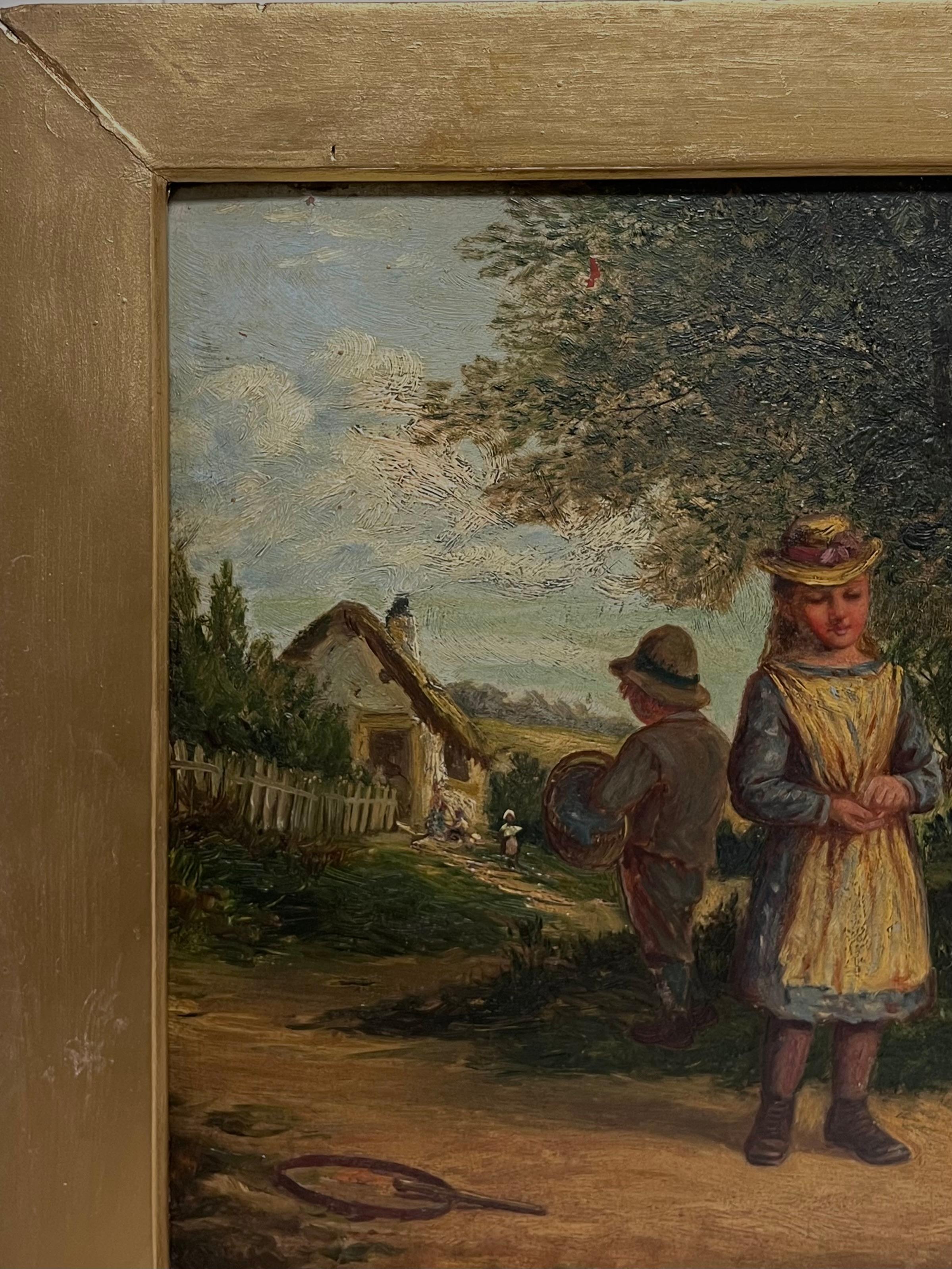 Signiert viktorianischen britischen Ölgemälde Kinder spielen ländlichen Dorf Landhaus (Viktorianisch), Painting, von Charles Frederick Lowcock