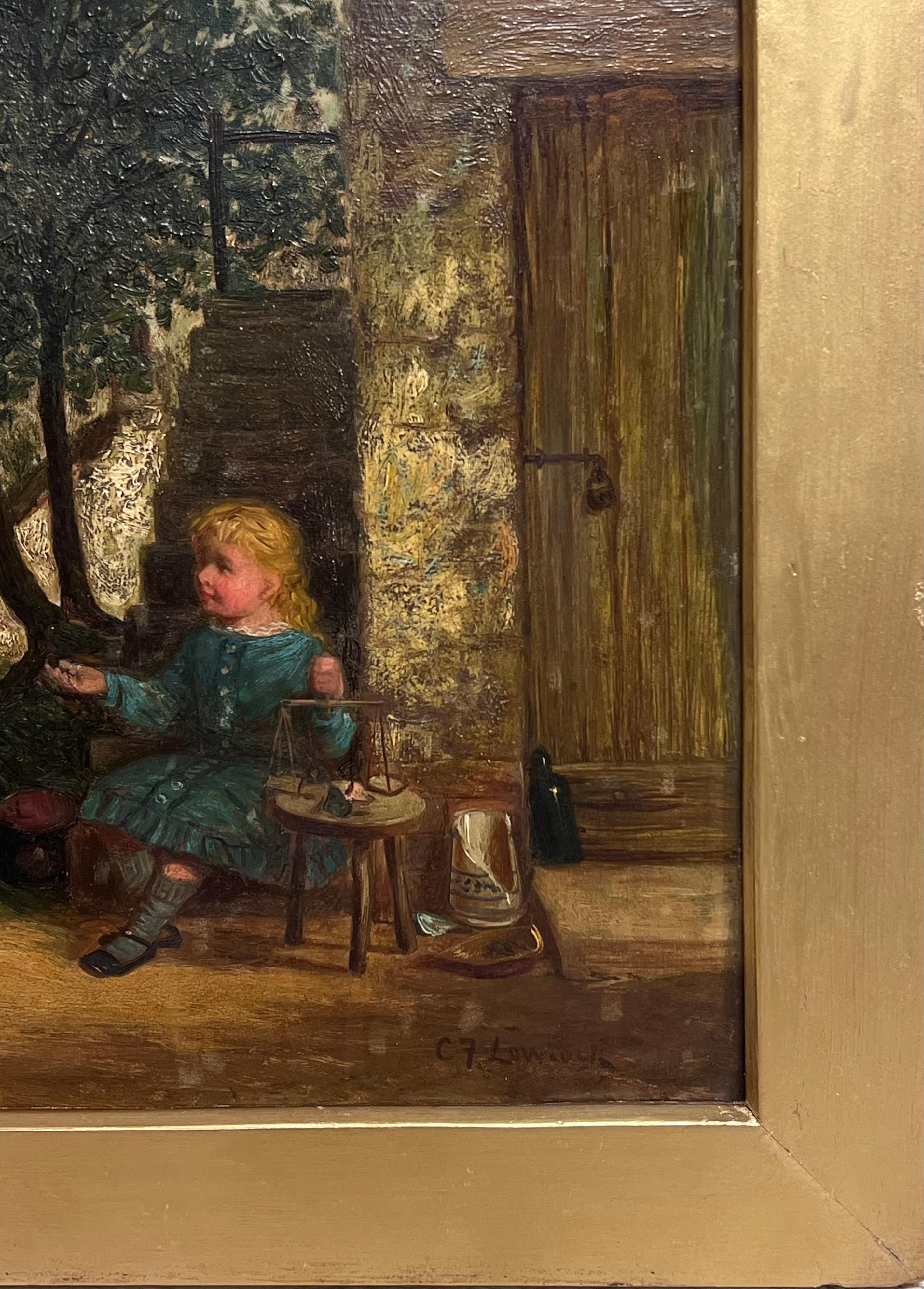 Signiert viktorianischen britischen Ölgemälde Kinder spielen ländlichen Dorf Landhaus (Schwarz), Figurative Painting, von Charles Frederick Lowcock