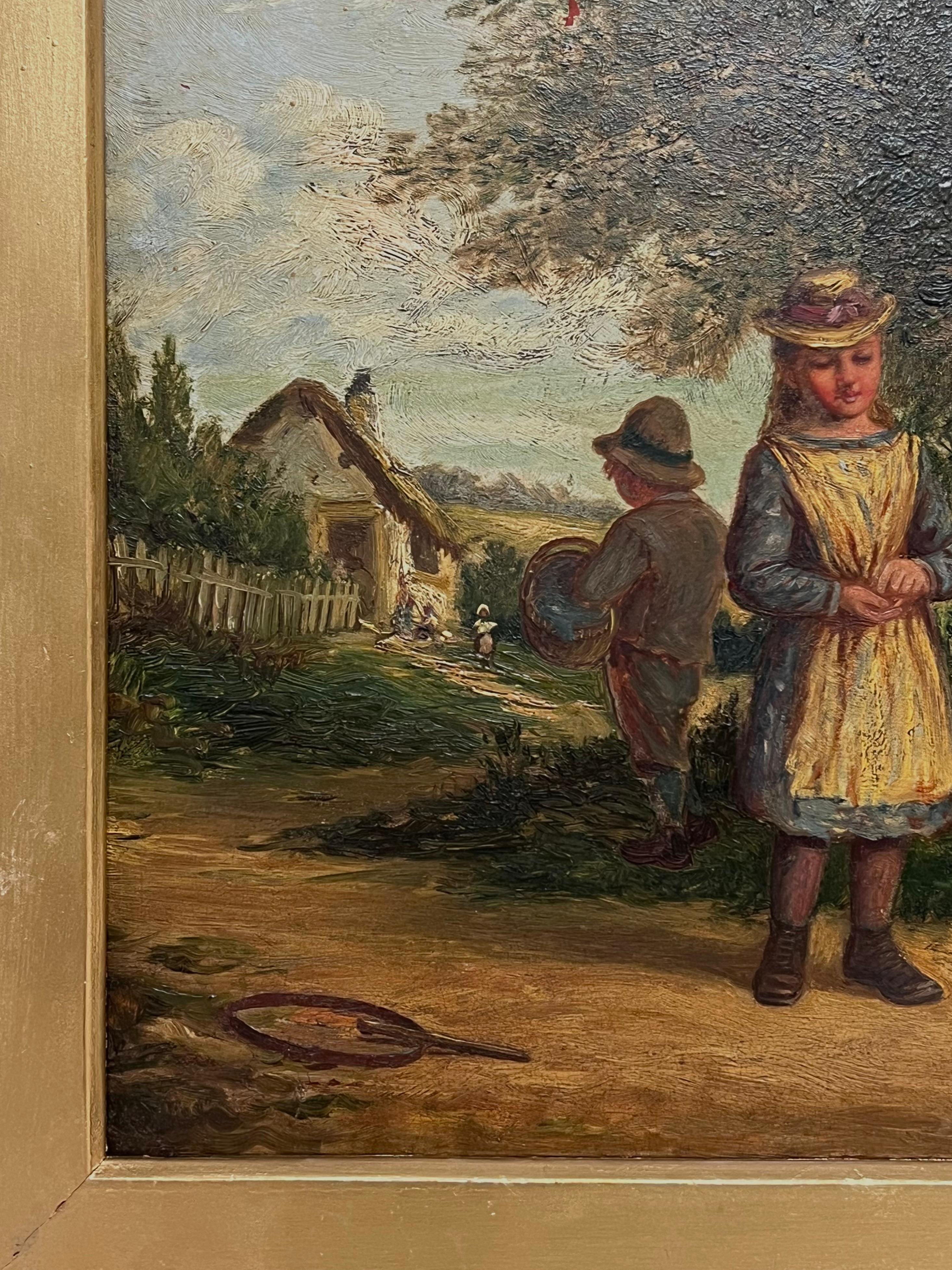 Signiert viktorianischen britischen Ölgemälde Kinder spielen ländlichen Dorf Landhaus im Angebot 1