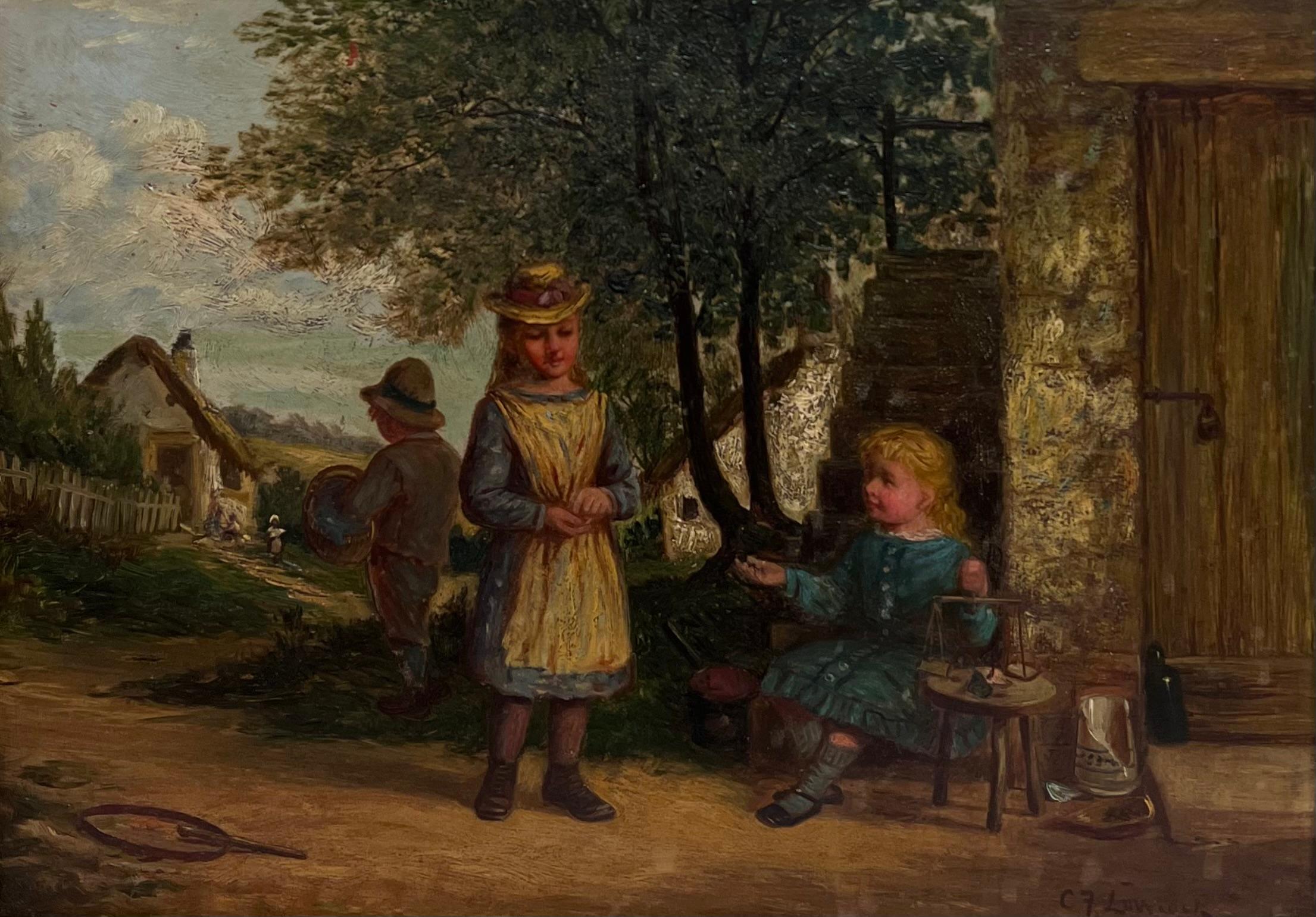 Signiert viktorianischen britischen Ölgemälde Kinder spielen ländlichen Dorf Landhaus