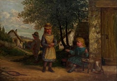 Pittura a olio vittoriana britannica firmata Bambini che giocano in un cottage di un villaggio rurale