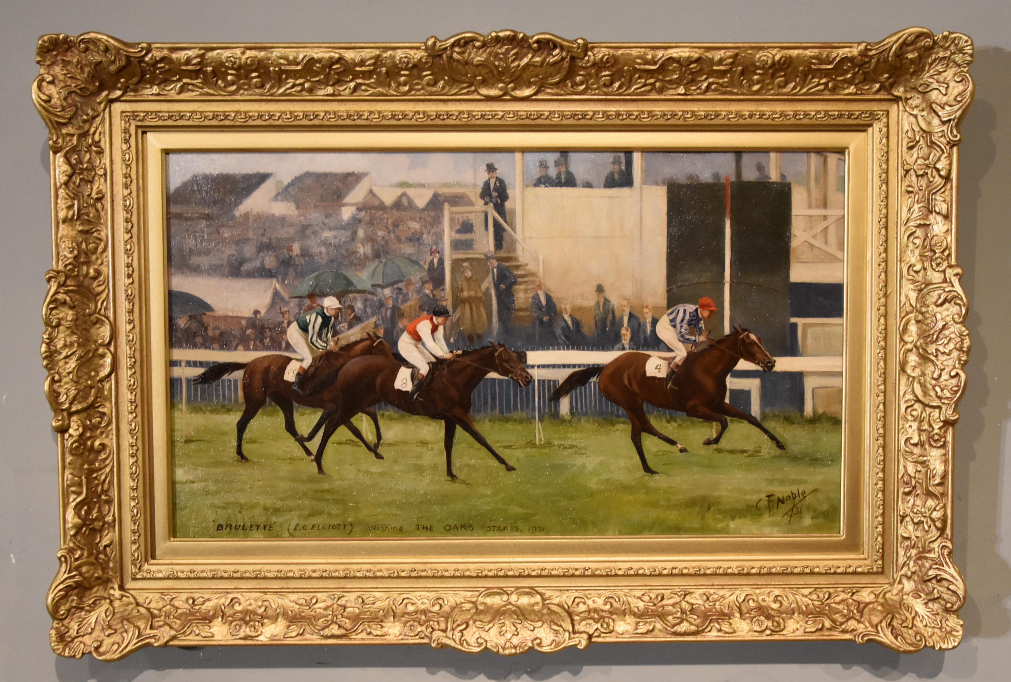 Oil Painting by Charles Frederick Noble  "Brulette (E.C.Elliot) winning the 1931 Oak Stakes"" 1920 - 1931 A Hampstead, North London painter of dramatic racing and hunting scenes and horsefairs. Oil on canvas. Signed and dated 1931

Dimensions