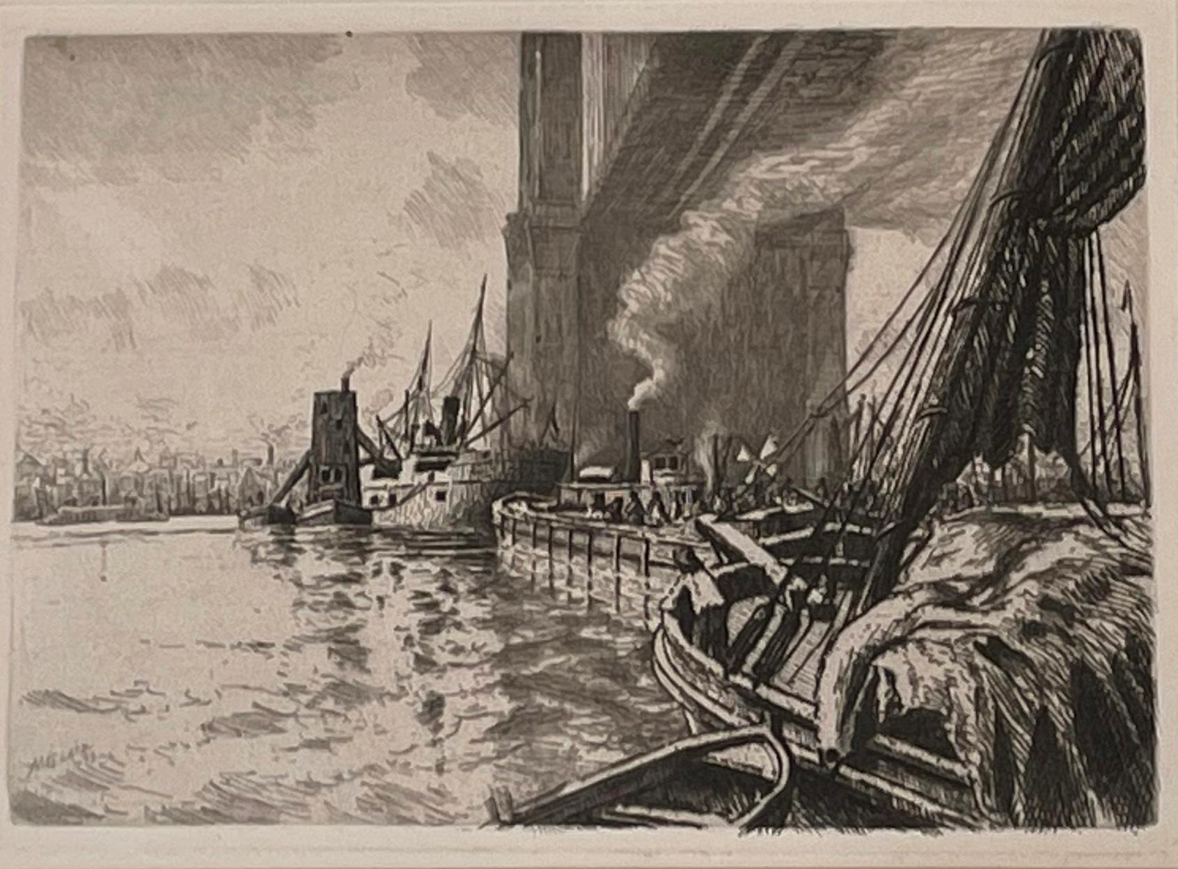 Charles Frederick William Mielatz Landscape Print - UNDER THE BROOKLYN BRIDGE, EAST RIVER.