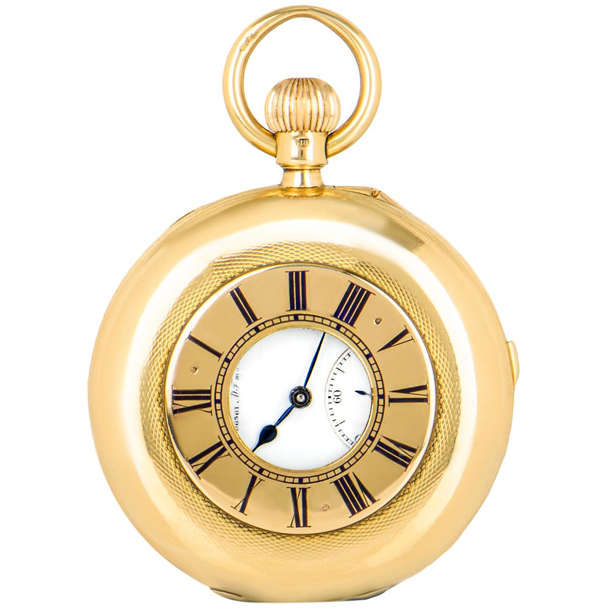 Charles Frodsham. A rare 18ct yellow gold half hunter half quarter repeating pocket watch, C1880s. with it's original box.

Dial: The fine enamel Roman dial signed and numbered CHAs Frodsham AD Fmsz with subsidiary seconds dial and original blued