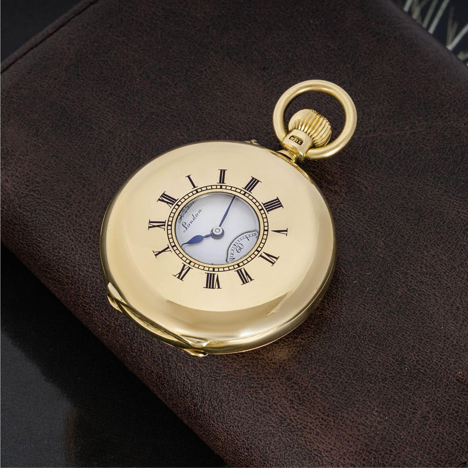 Charles Frodsham. A Gold Keyless Lever Half Hunter Pocket Watch C1897 with it's original box.

Dial: The excellent white enamel dial signed Cha Frodsham London. The Roman numerals with outer minute track and with the original blued steel spade