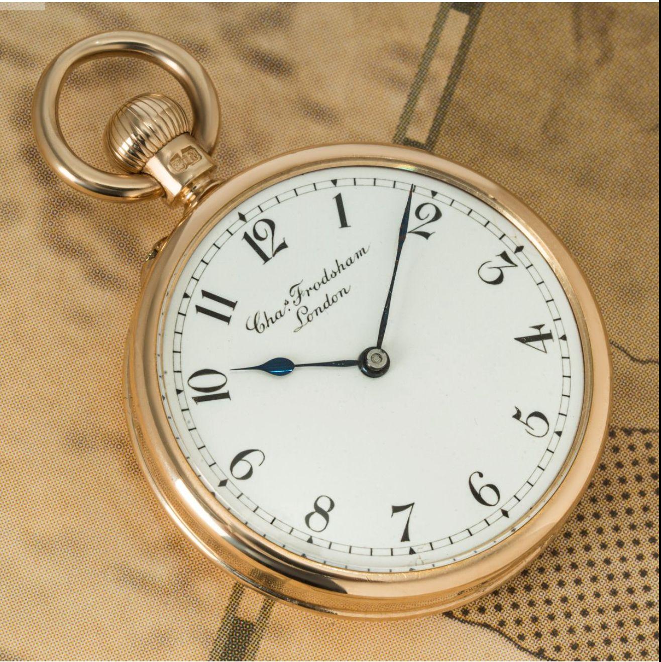 Charles Frodsham. A Gold Keyless Lever Fob Pocket Watch English Hallmarked for 1893.

Dial: The excellent white enamel dial signed Cha Frodsham London. The Arabic numerals with outer minute track and original blued steel spade hands.

Case: The very