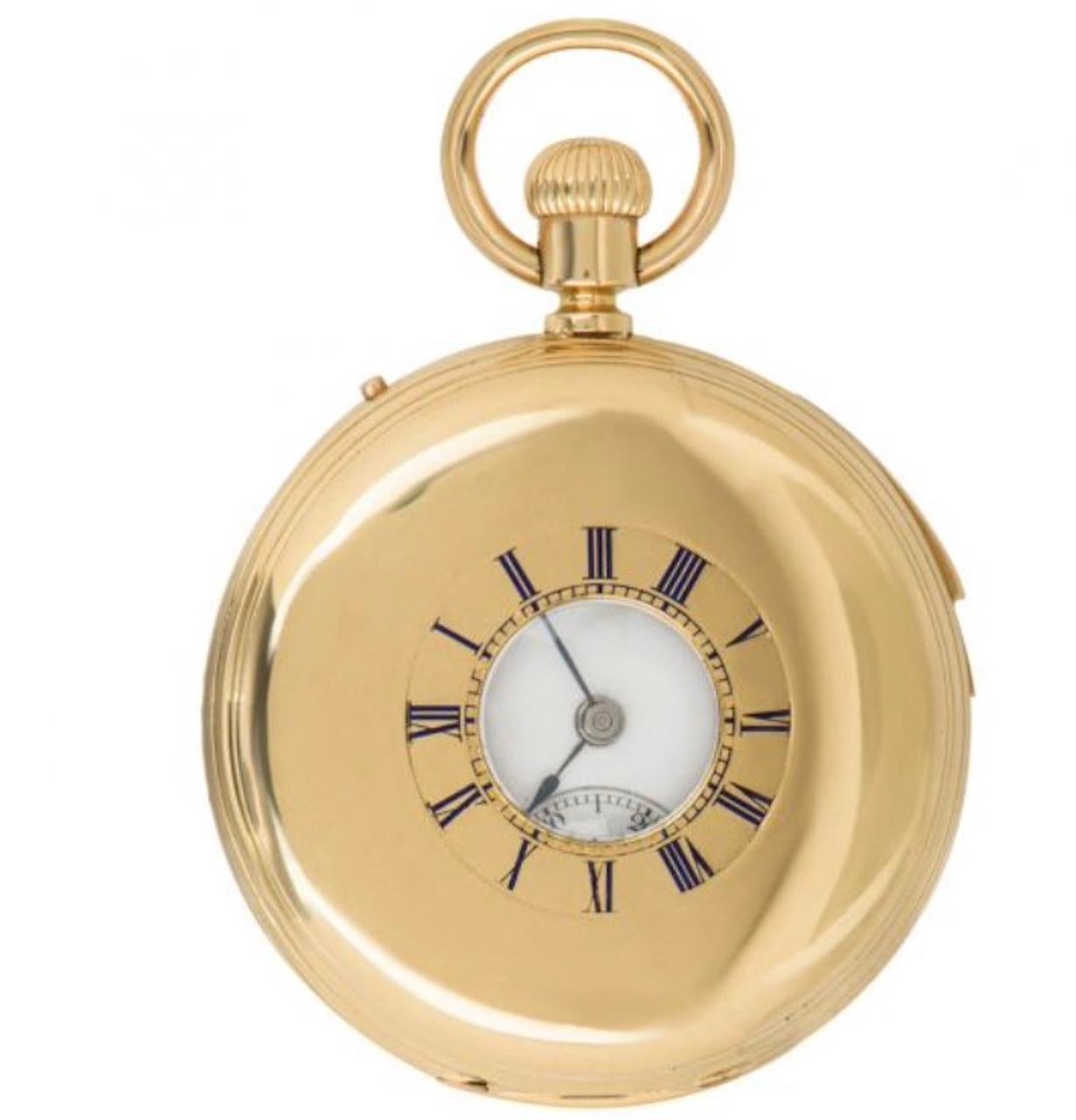 Charles Frodsham. A rare 18ct Gold Half Hunter Keyless Lever Minute Repeater Pocket Watch C1900s.

Dial: The excellent white enamel dial with Roman Numerals and outer minute track. The dial signed Chas Frodsham and with the subsidiary seconds dial