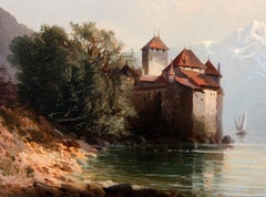 19th Century Oil Painting Chateau Chillon Lake Geneva, Switzerland