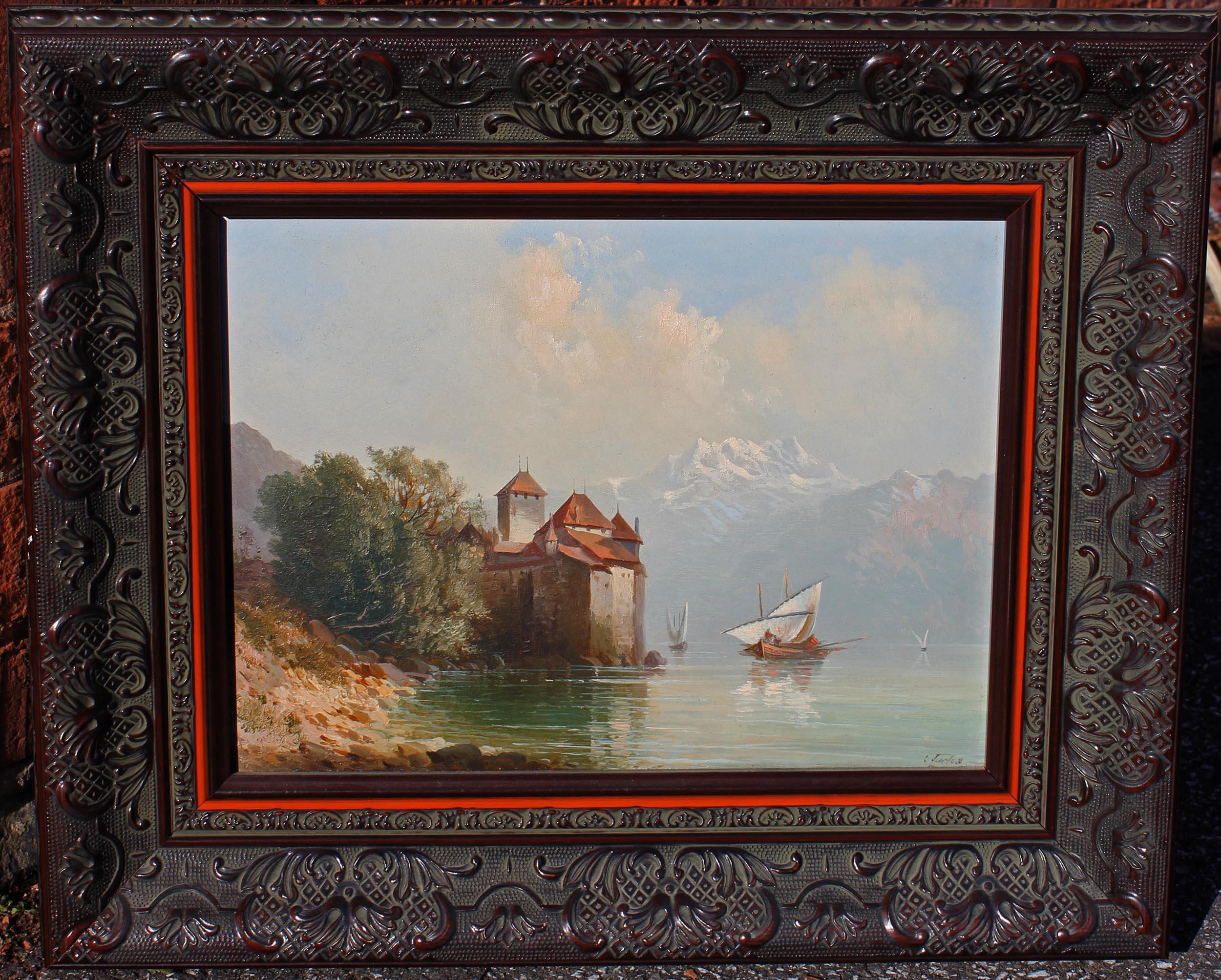 19th Century Oil Painting Chateau Chillon Lake Geneva, Switzerland - Gray Figurative Painting by Charles Fuchs