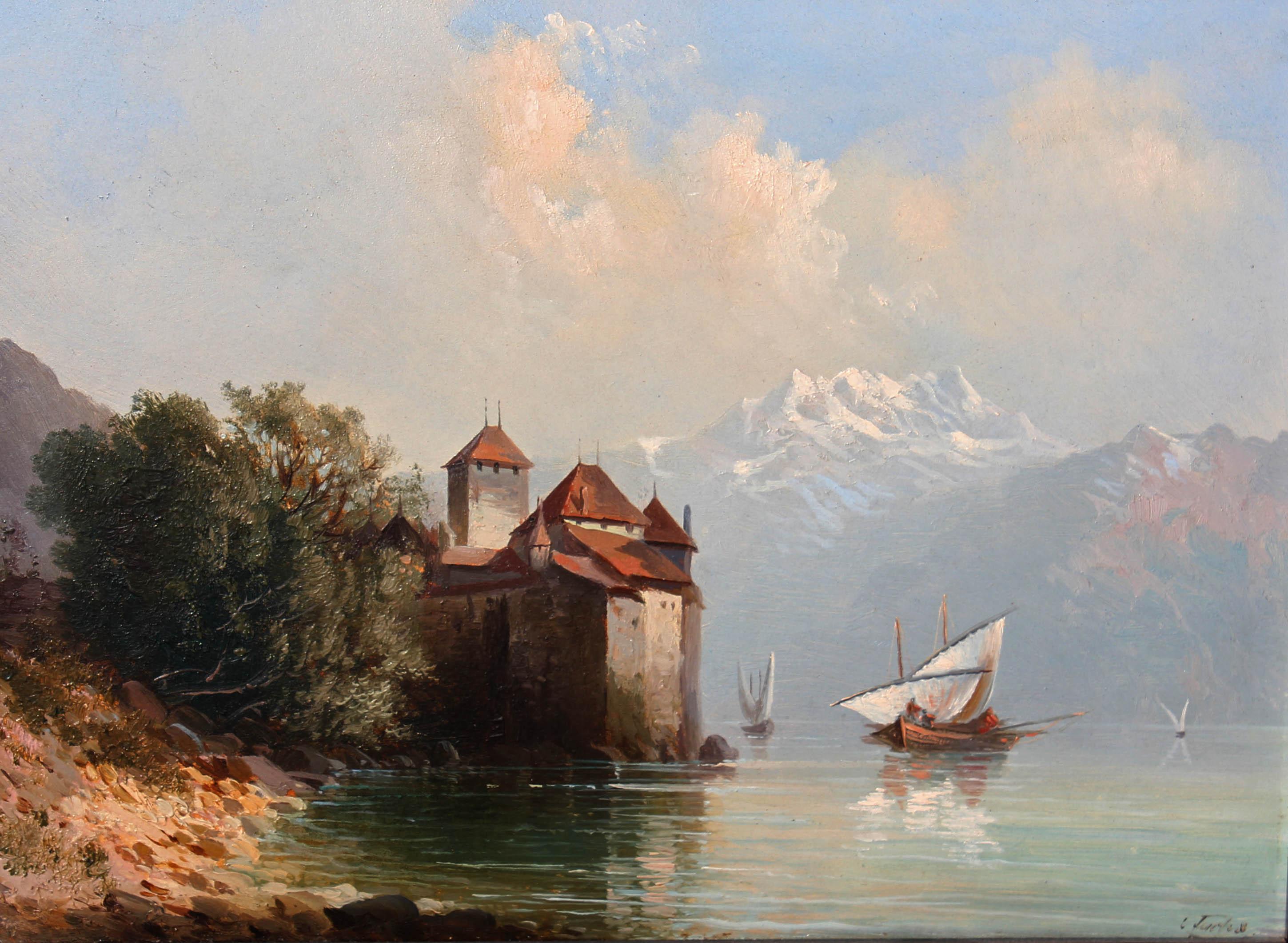 Charles Fuchs Figurative Painting - 19th Century Oil Painting Chateau Chillon Lake Geneva, Switzerland