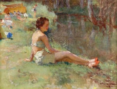 By The River - Post Impressionist Figurative Painting by Charles Garabed Atamian