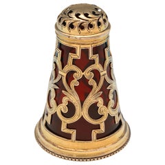 Antique Charles & George Fox, Victorian Silver Gilt Pepper Shaker, Ruby Glass, 1850