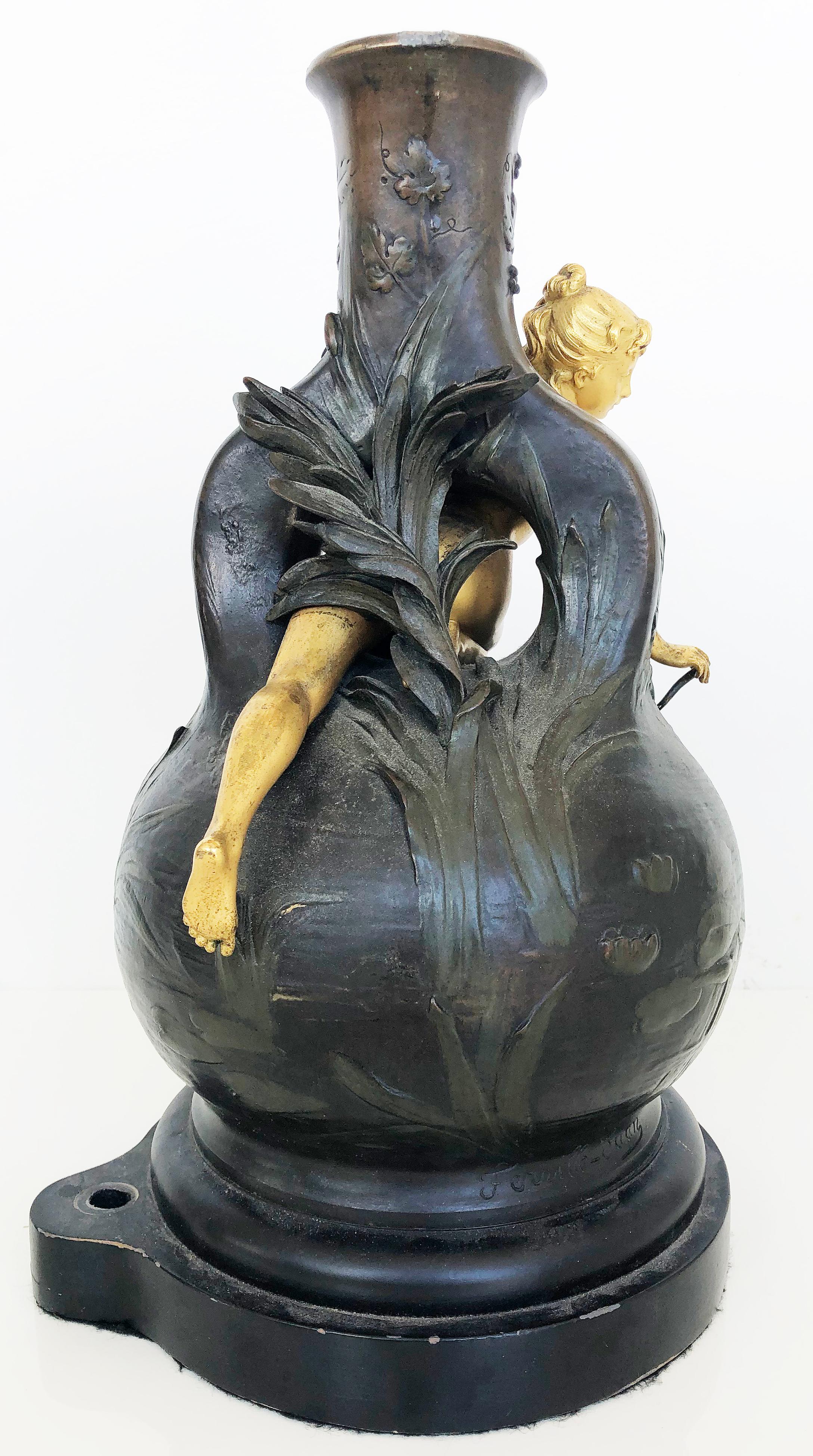 Patinated Charles Georges Ferville-Suan Art Nouveau Bronze Vase Sculpture