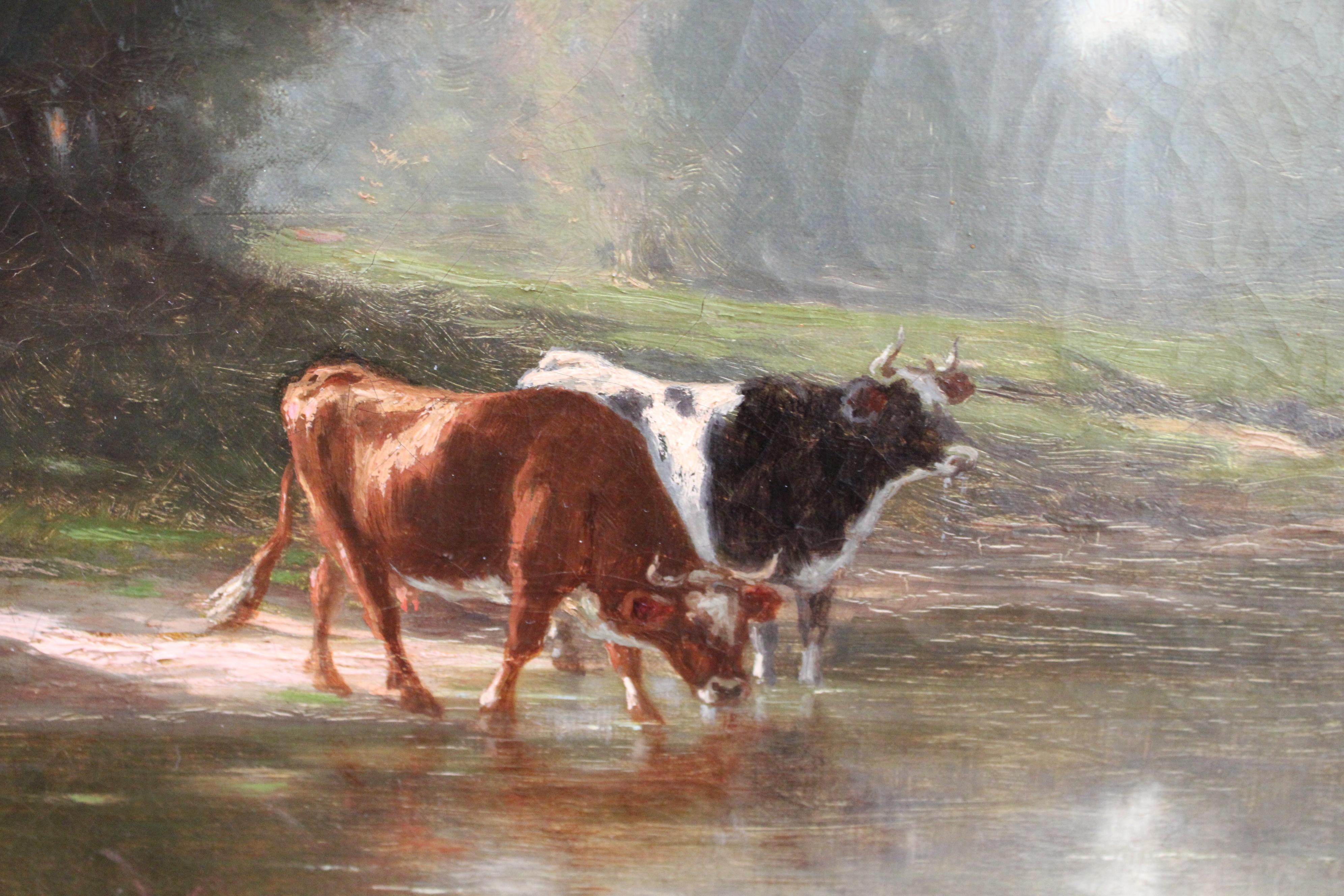 Paysage français ancien de Barbizon avec vaches, peinture à l'huile de Charles Georget en vente 2